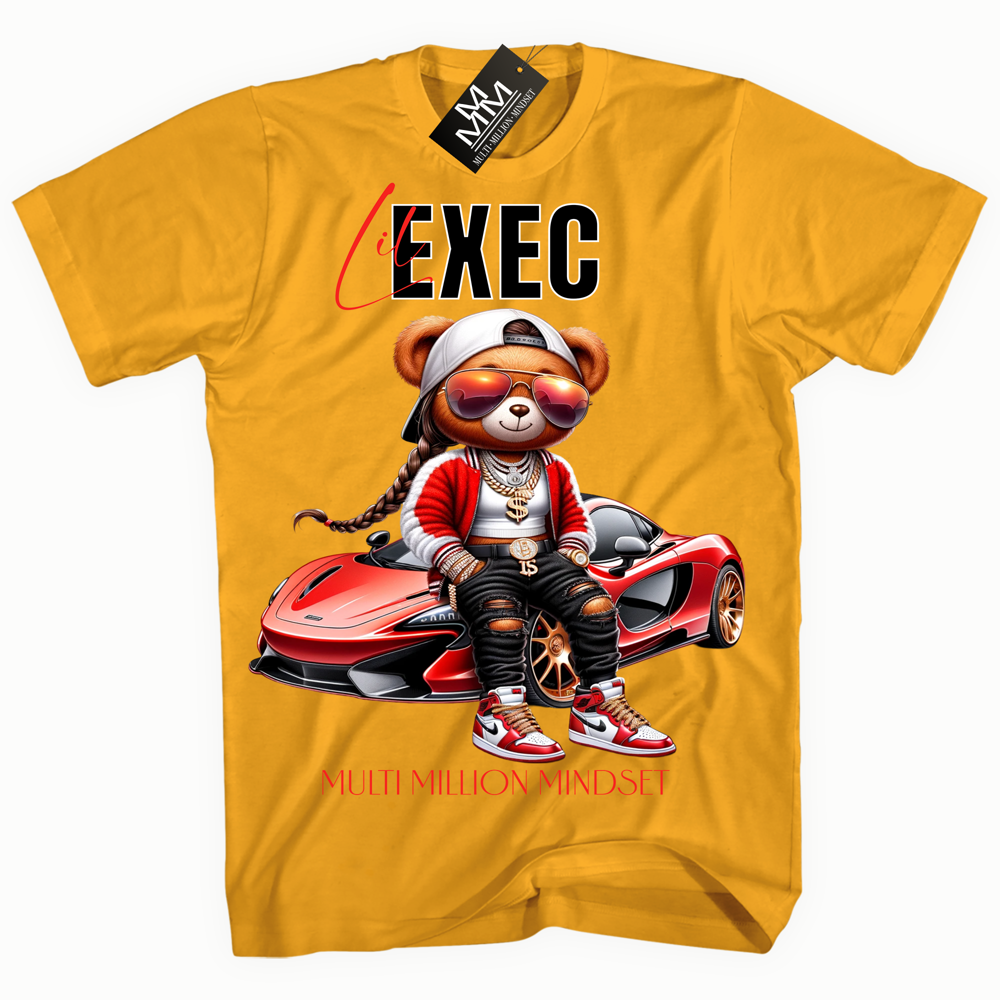 Mind Blowin lil EXEC® Boss Lady Red Bear Graphic Gold Tee By Multi Million Mindset®