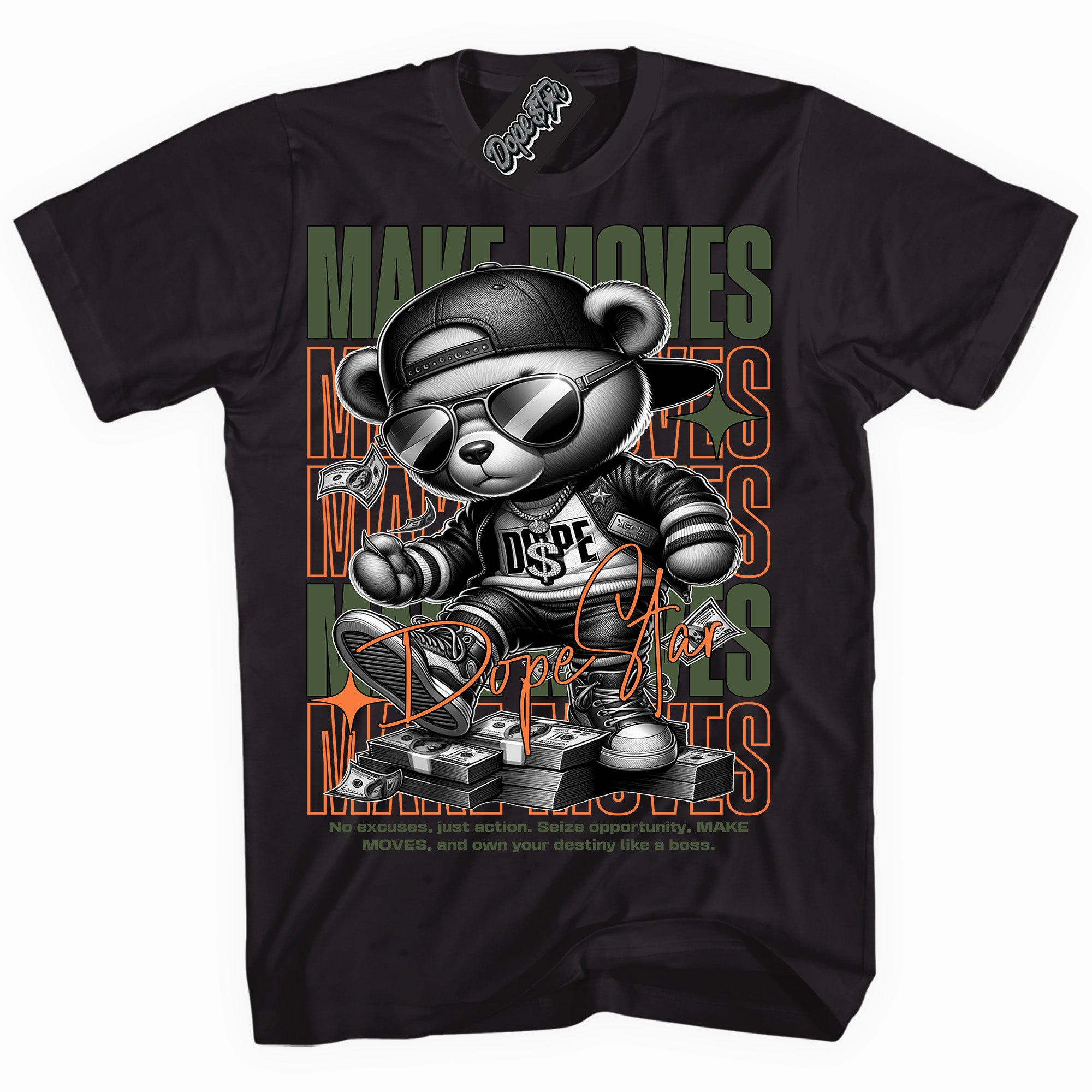 Cool Black graphic tee with “ Makin Moves ” print, that perfectly matches Olive 5s sneakers 