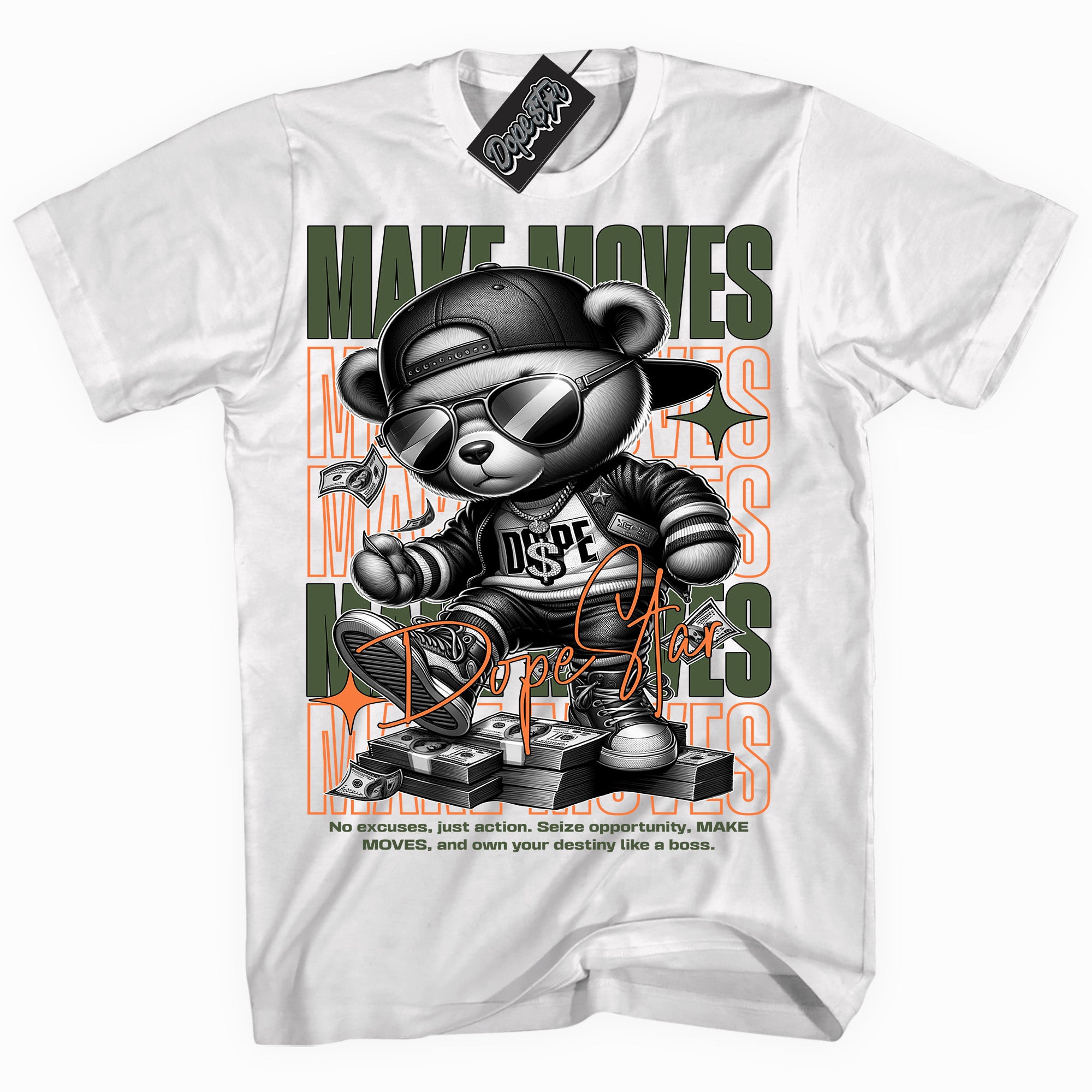 Cool White graphic tee with “ Makin Moves ” print, that perfectly matches Olive 5s sneakers 