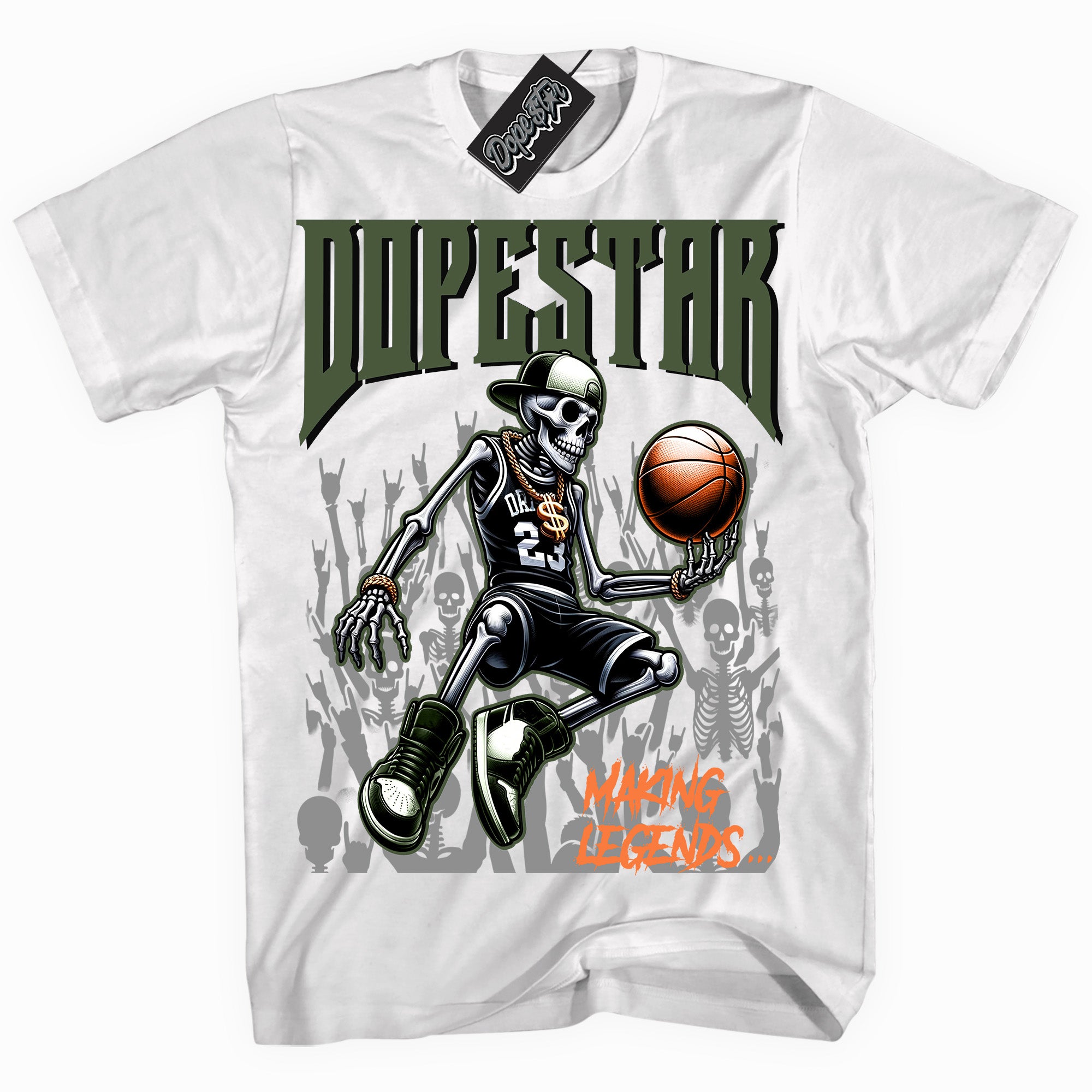 Cool White graphic tee with “ Making Legends ” print, that perfectly matches Olive 5s sneakers