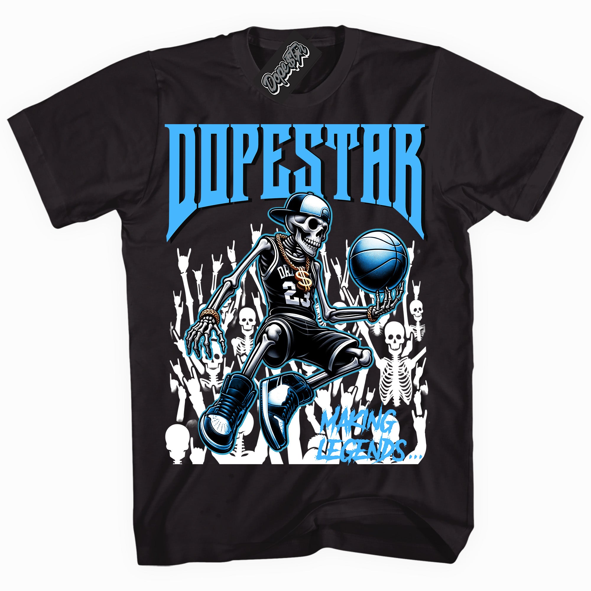 Cool Black graphic tee with “ Making Legends ” design, that perfectly matches Powder Blue 9s sneakers