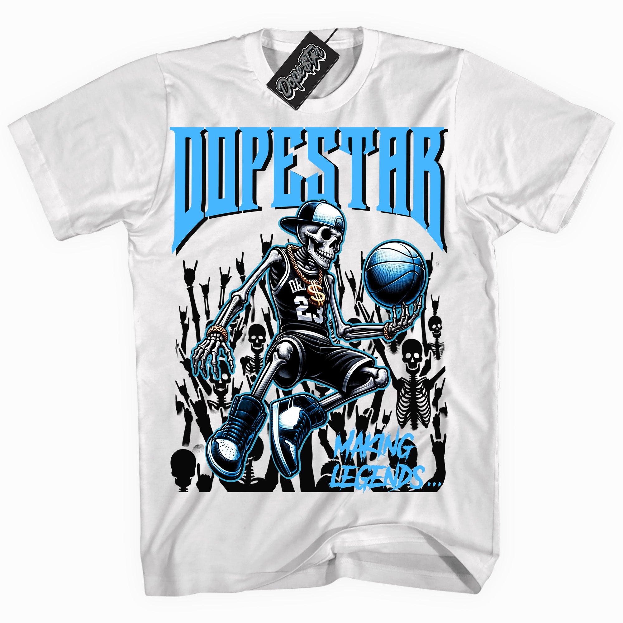 Cool White graphic tee with “ Making Legends ” design, that perfectly matches Powder Blue 9s sneakers