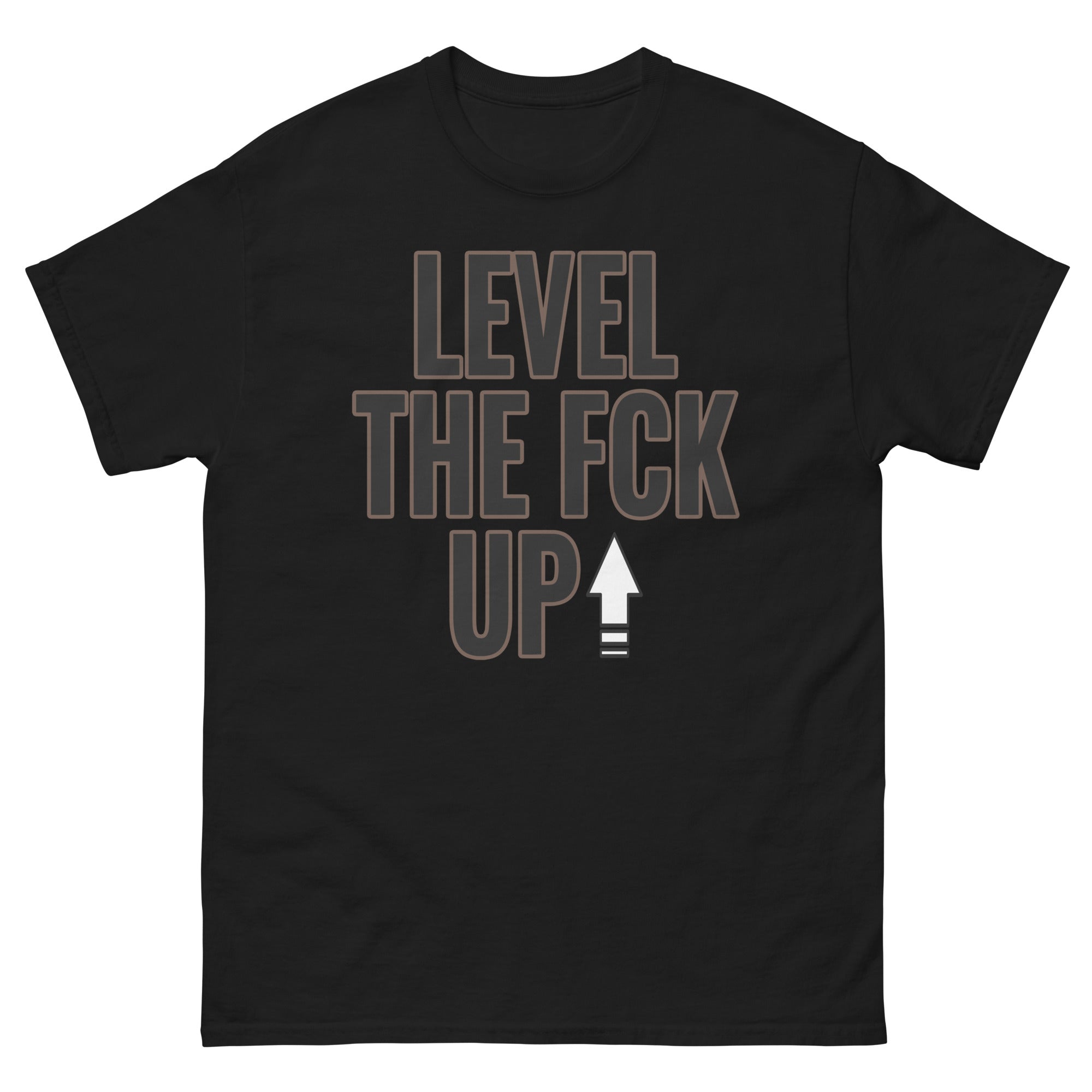 Cool Black graphic tee with “ Level The Fck Up ” design, that perfectly matches Palomino 1s sneakers 