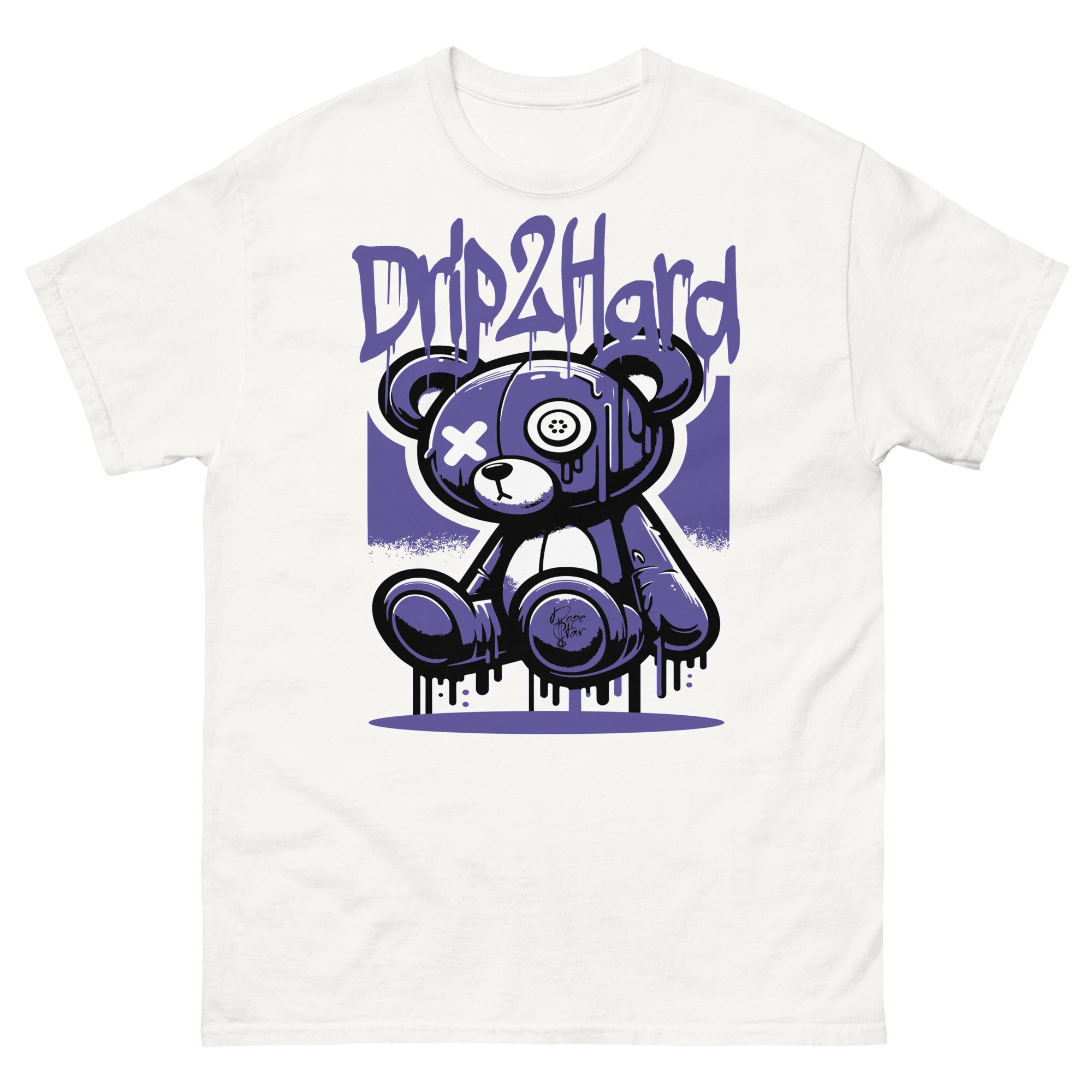 Cool White graphic tee with “ Drip 2 Hard ” design, that perfectly matches White Black Purple 1s