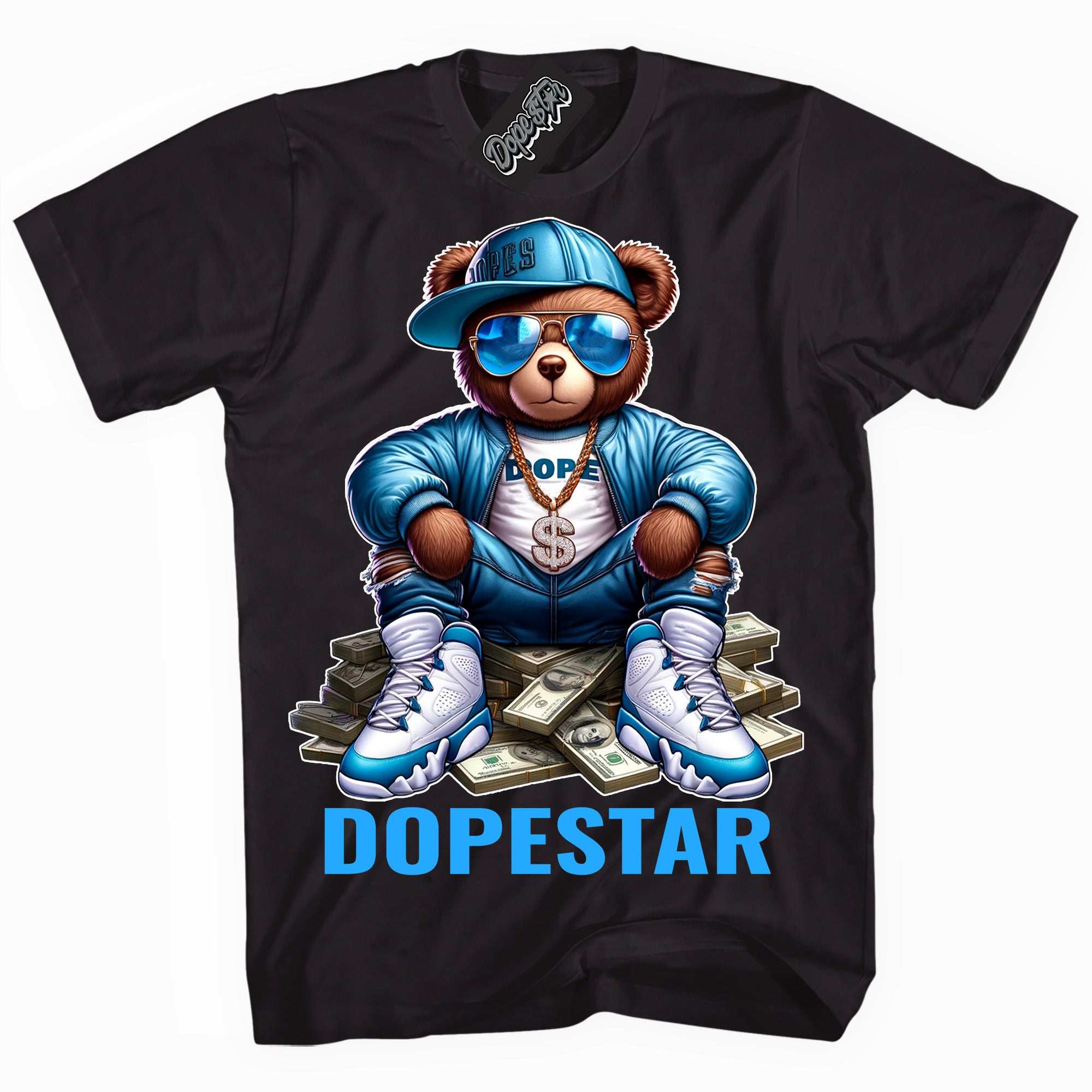 Cool Black graphic tee with “ Dope Bear ” design, that perfectly matches Powder Blue 9s sneakers 