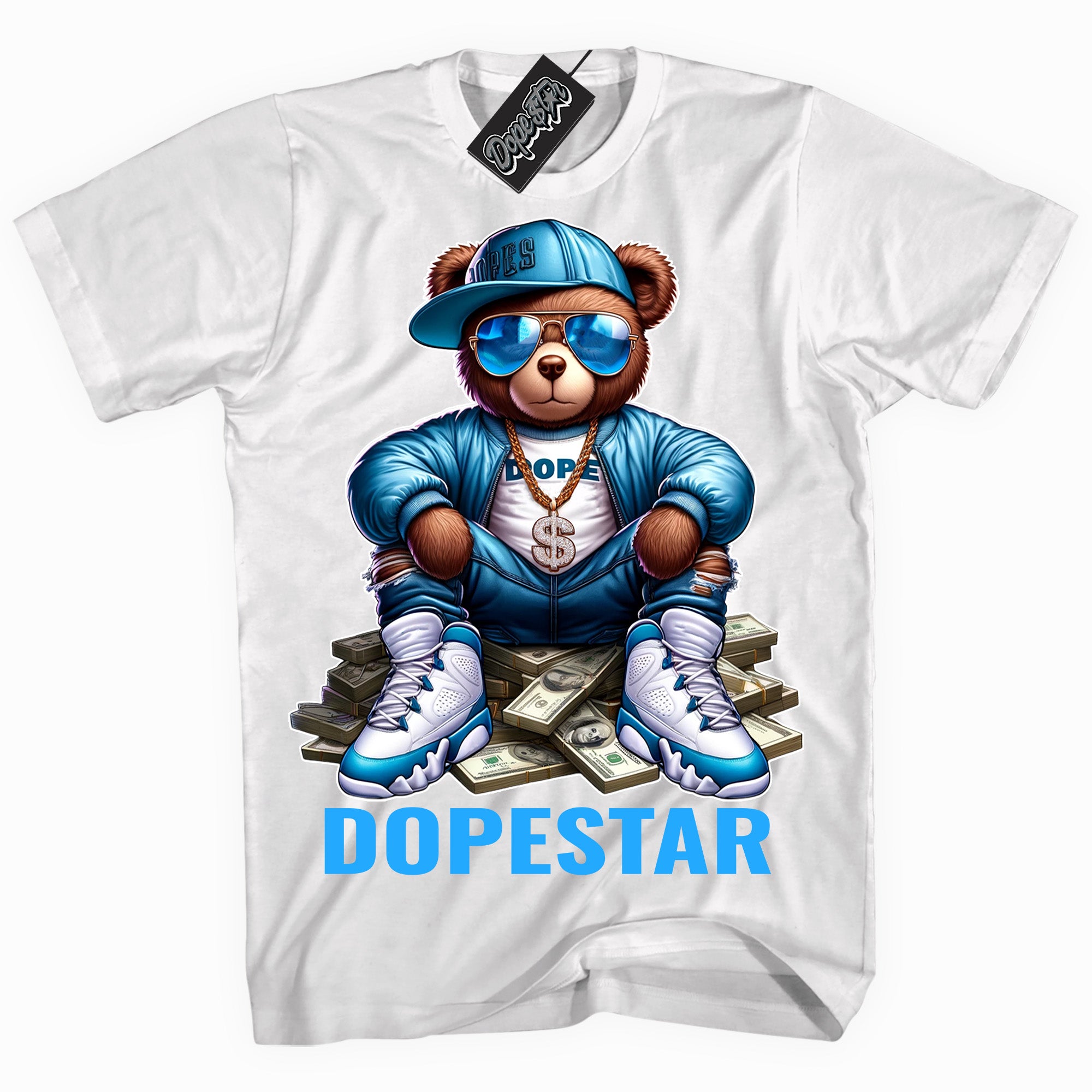 Cool White graphic tee with “ Dope Bear ” design, that perfectly matches Powder Blue 9s sneakers