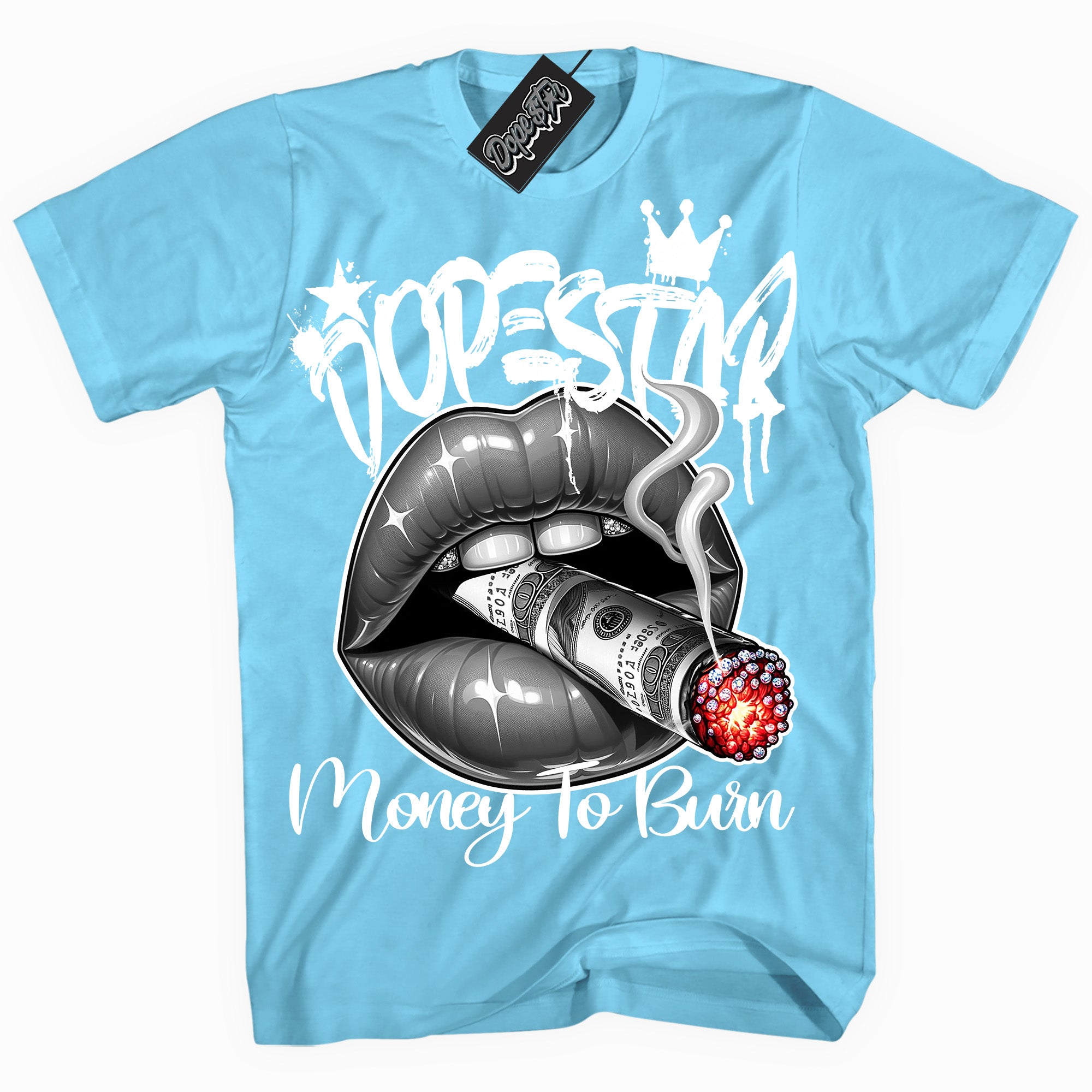 Cool Sky Blue graphic tee with “ Money To Burn ” design, that perfectly matches Powder Blue 9s sneakers