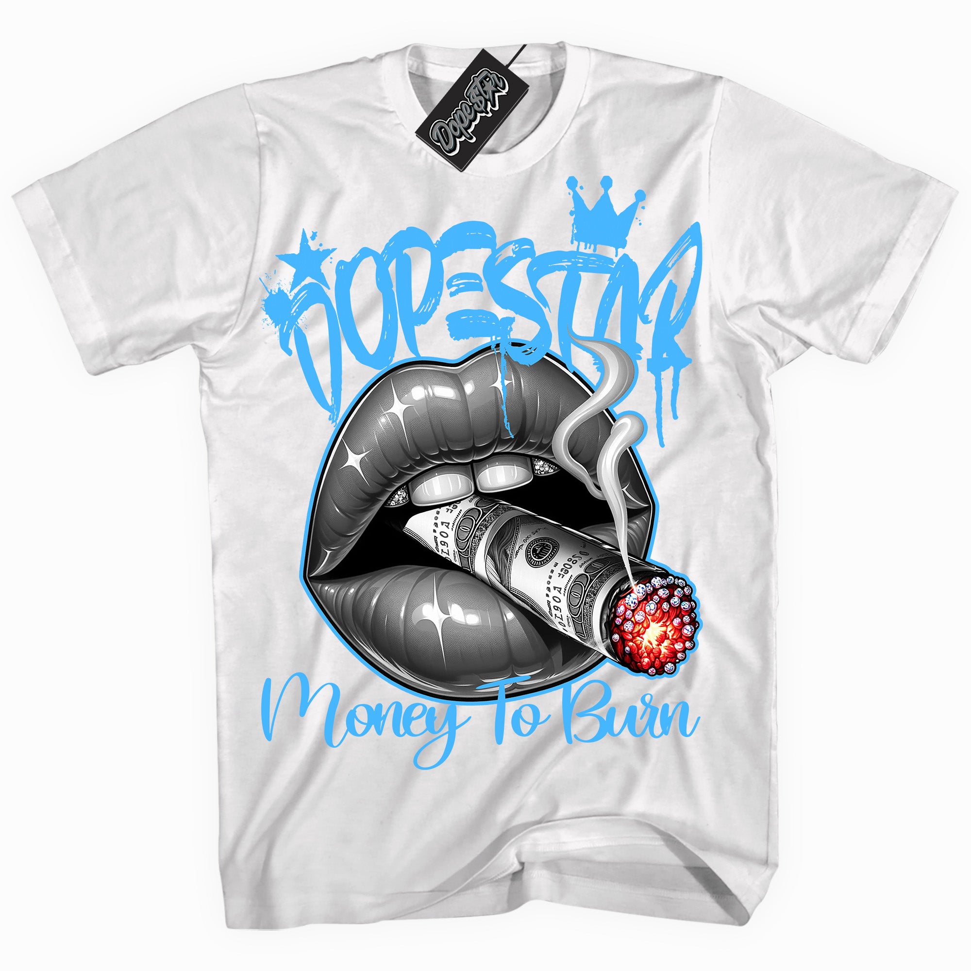 Cool White graphic tee with “ Money To Burn ” design, that perfectly matches Powder Blue 9s sneakers 