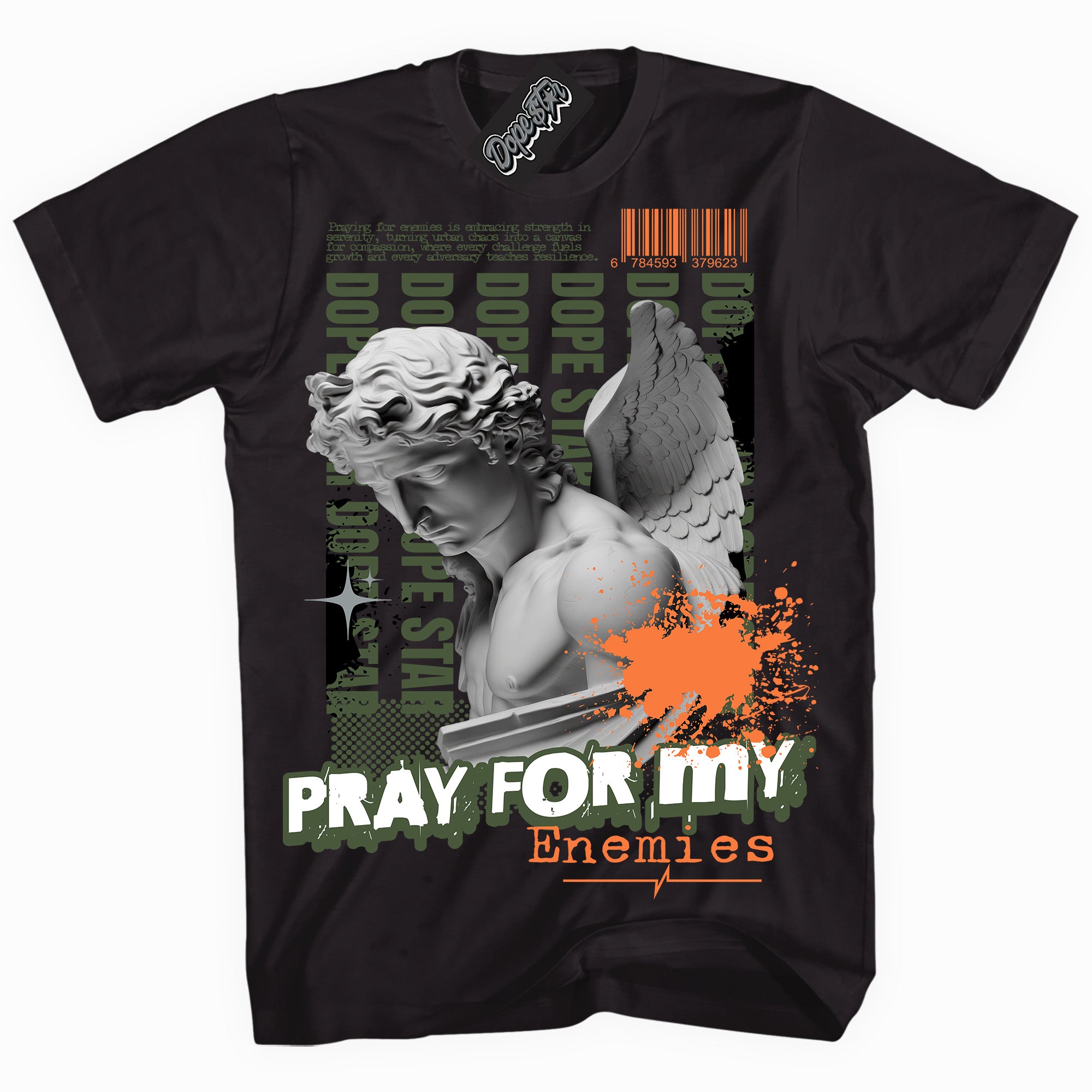 Cool Black graphic tee with “ Pray Enemies ” print, that perfectly matches Olive 5s sneakers