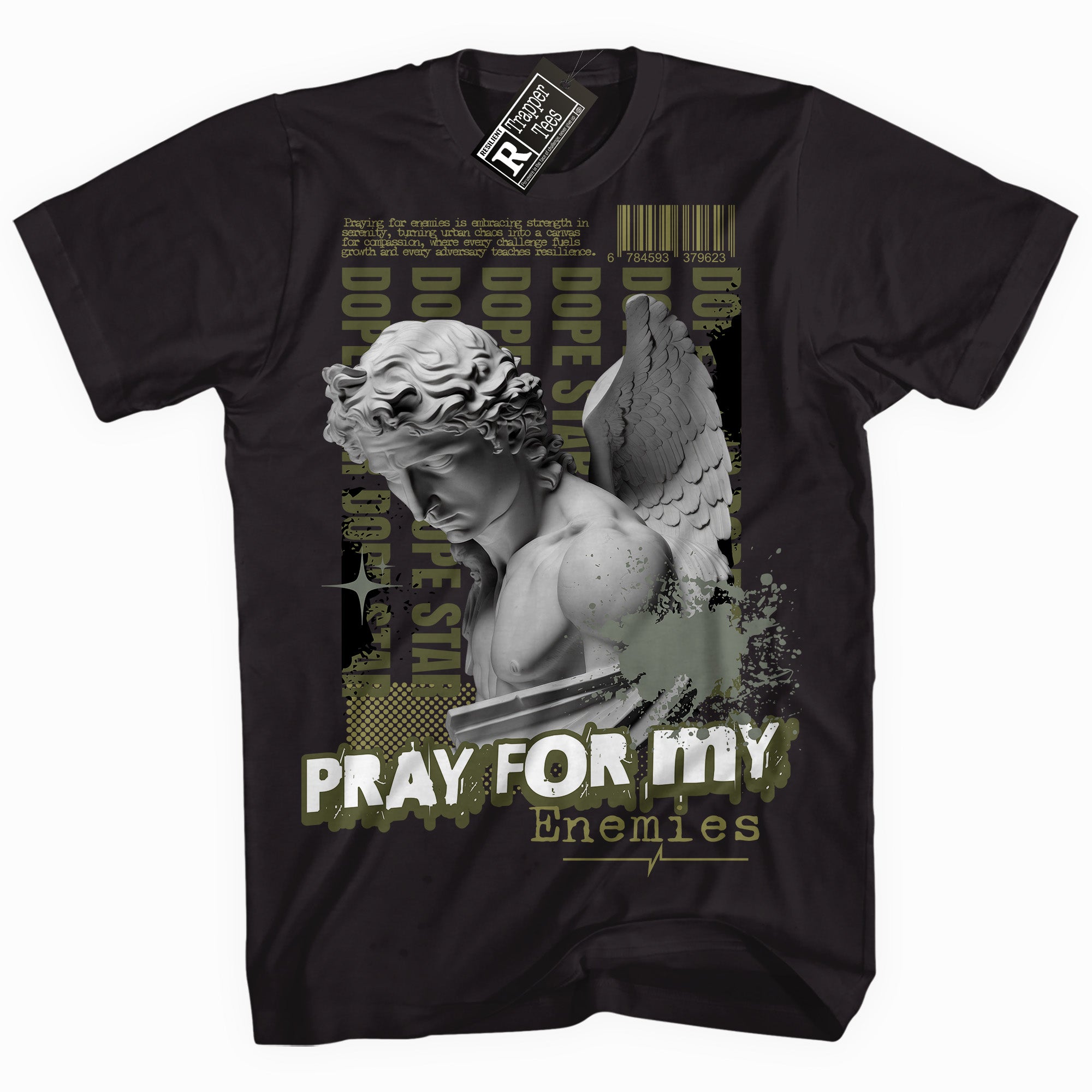 Cool Black graphic tee with “ Pray Enemies ” print, that perfectly matches Craft Olive 4s sneakers