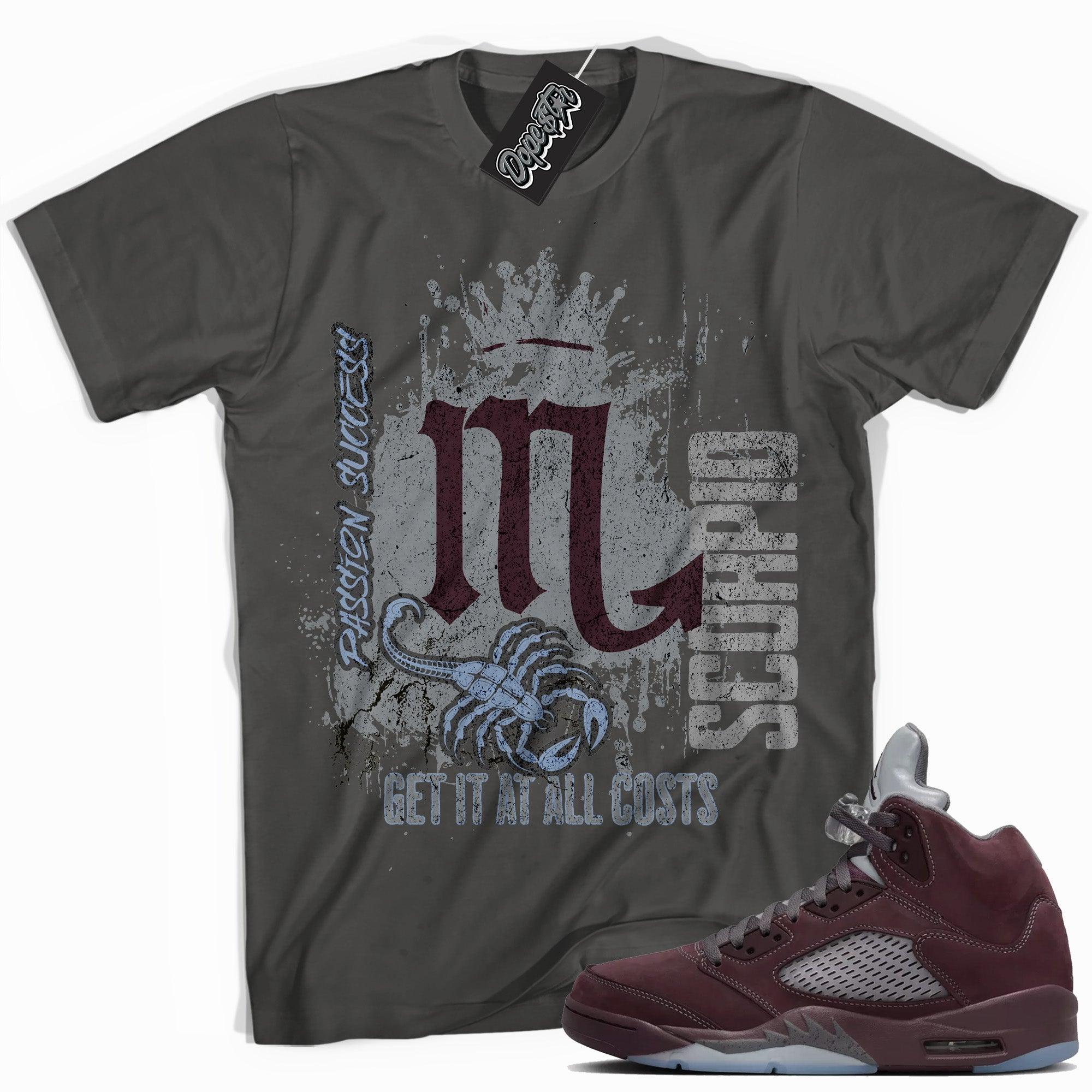 Cool Asphalt graphic tee with “ Scorpio ” print, that perfectly matches Air Jordan 5 Burgundy 2023 sneakers