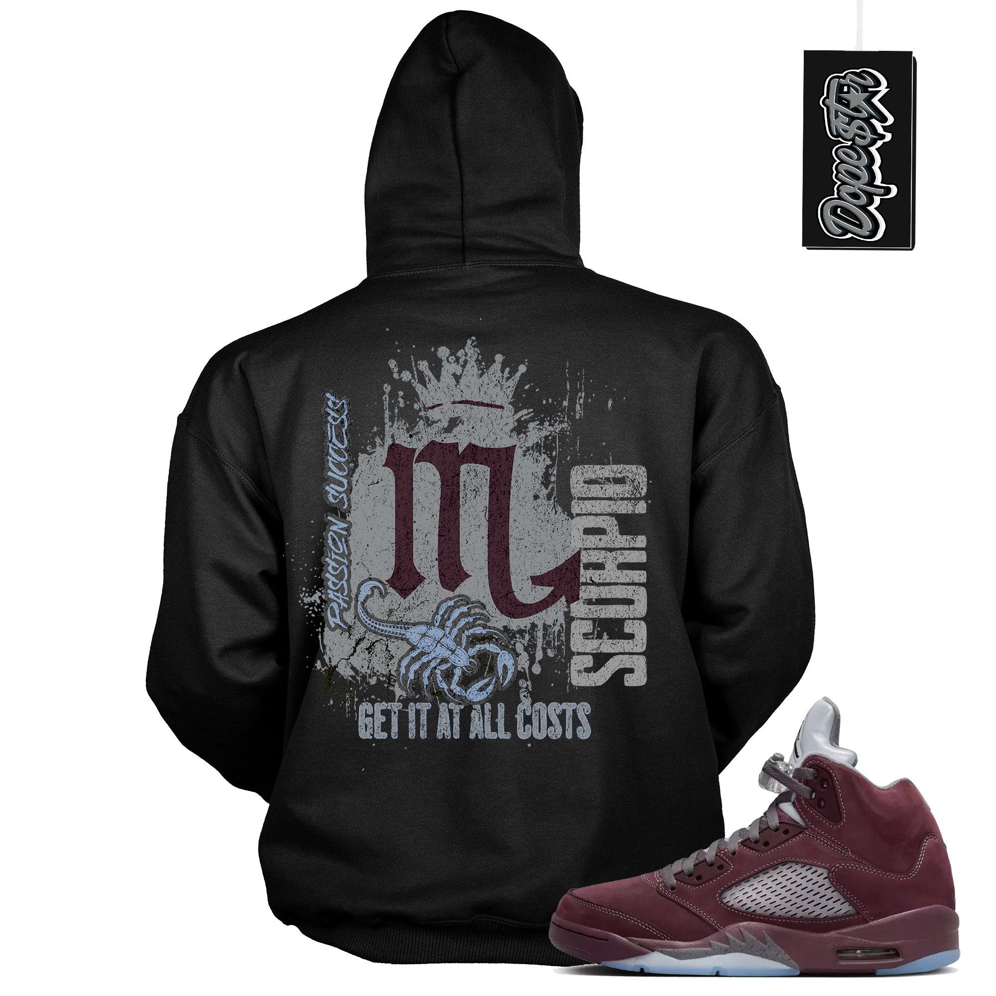Cool Black Graphic Hoodie with “ Scorpio  “ print, that perfectly matches Air Jordan 5 Burgundy 2023 sneakers