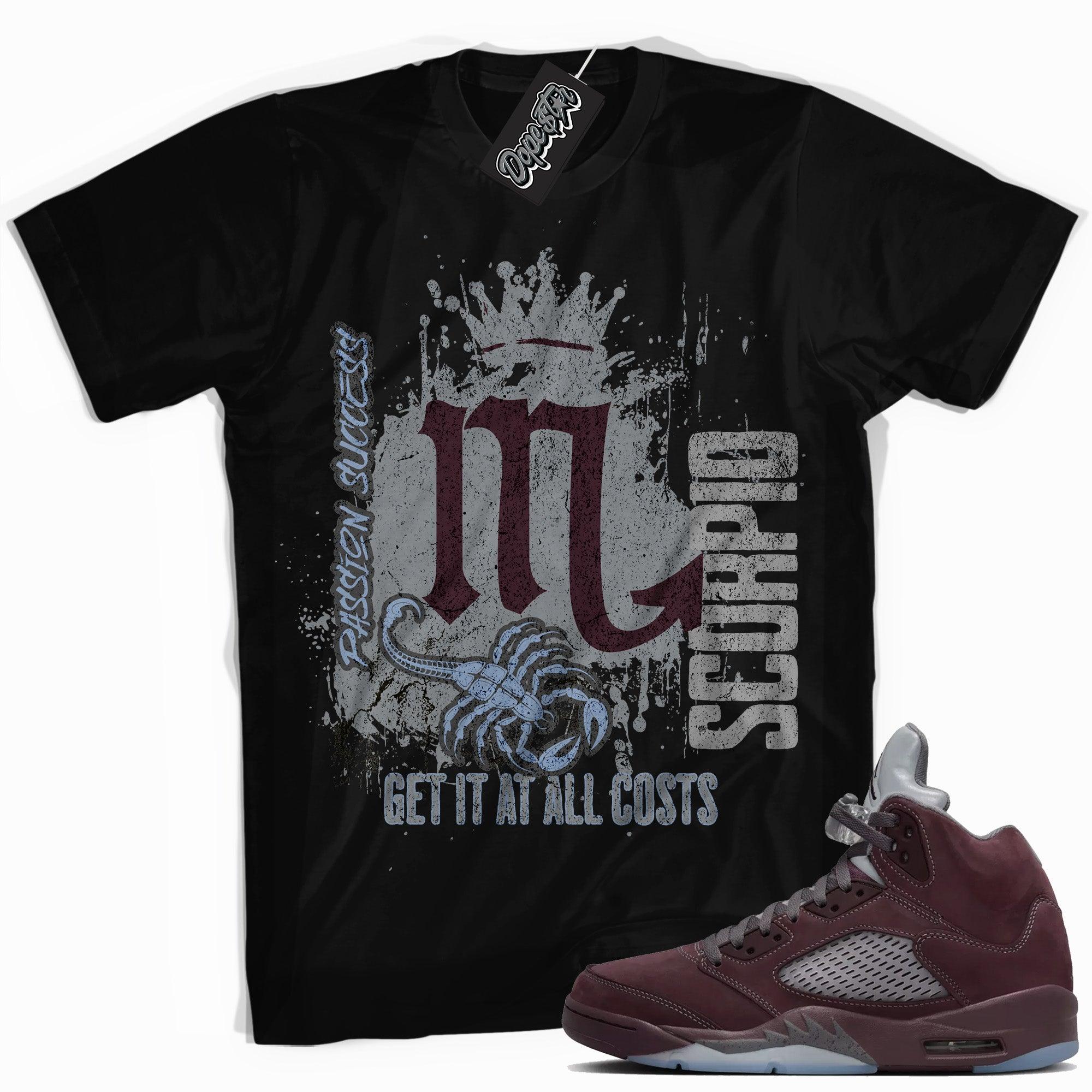 Cool Black graphic tee with “ Scorpio ” print, that perfectly matches Air Jordan 5 Burgundy 2023 sneakers 