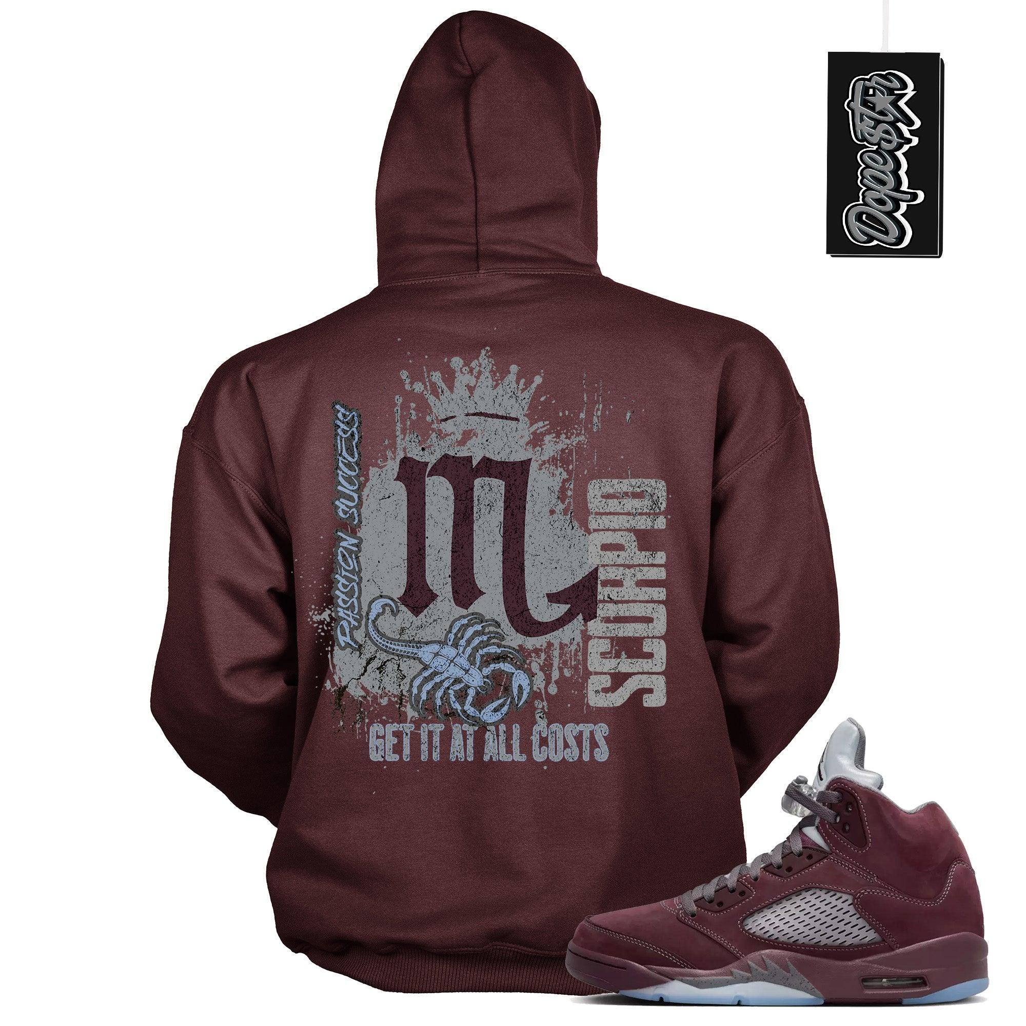 Cool Maroon Graphic Hoodie with “ Scorpio “ print, that perfectly matches Air Jordan 5 Burgundy 2023 sneakers