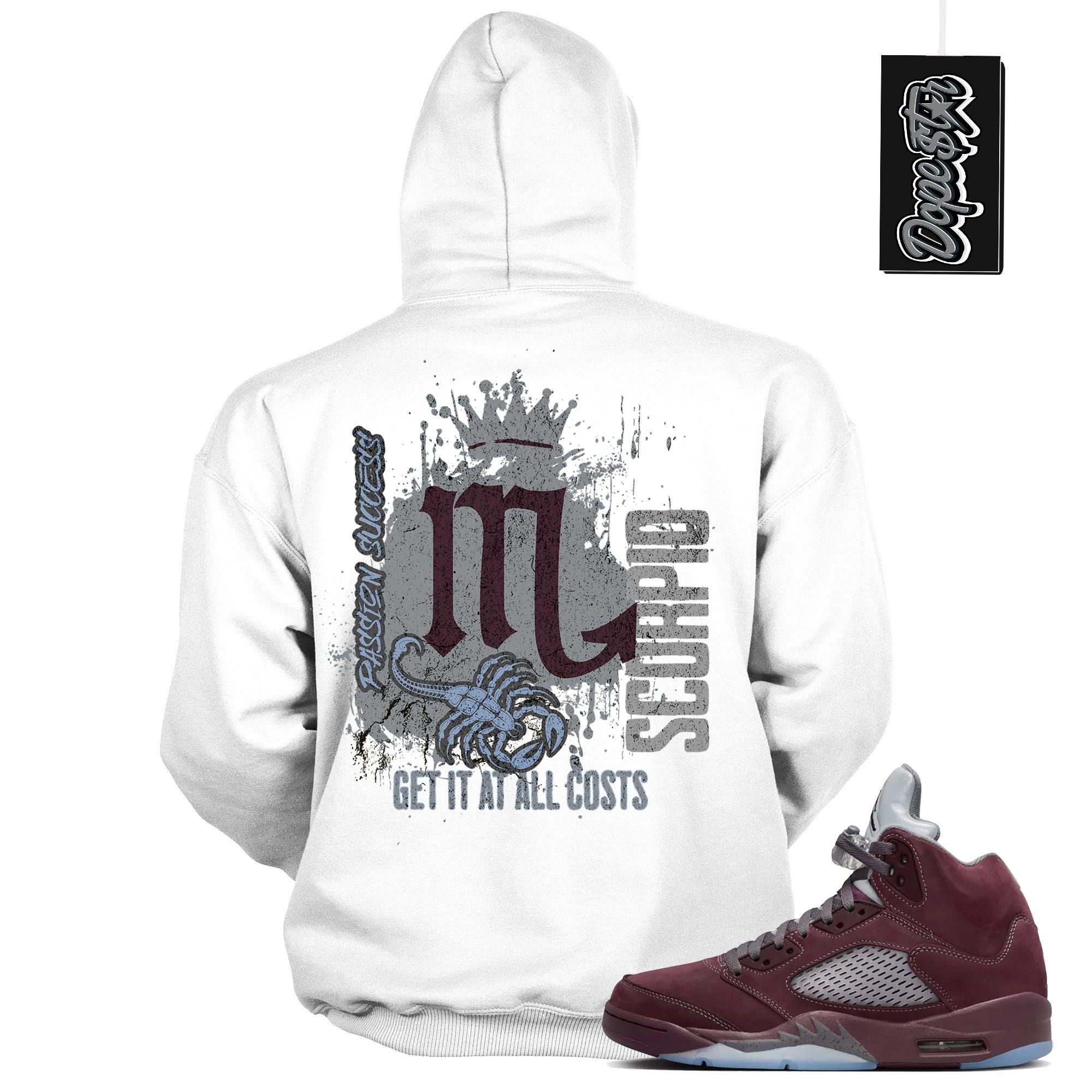 Cool White Graphic Hoodie with “ Scorpio “ print, that perfectly matches Air Jordan 5 Burgundy 2023 sneakers