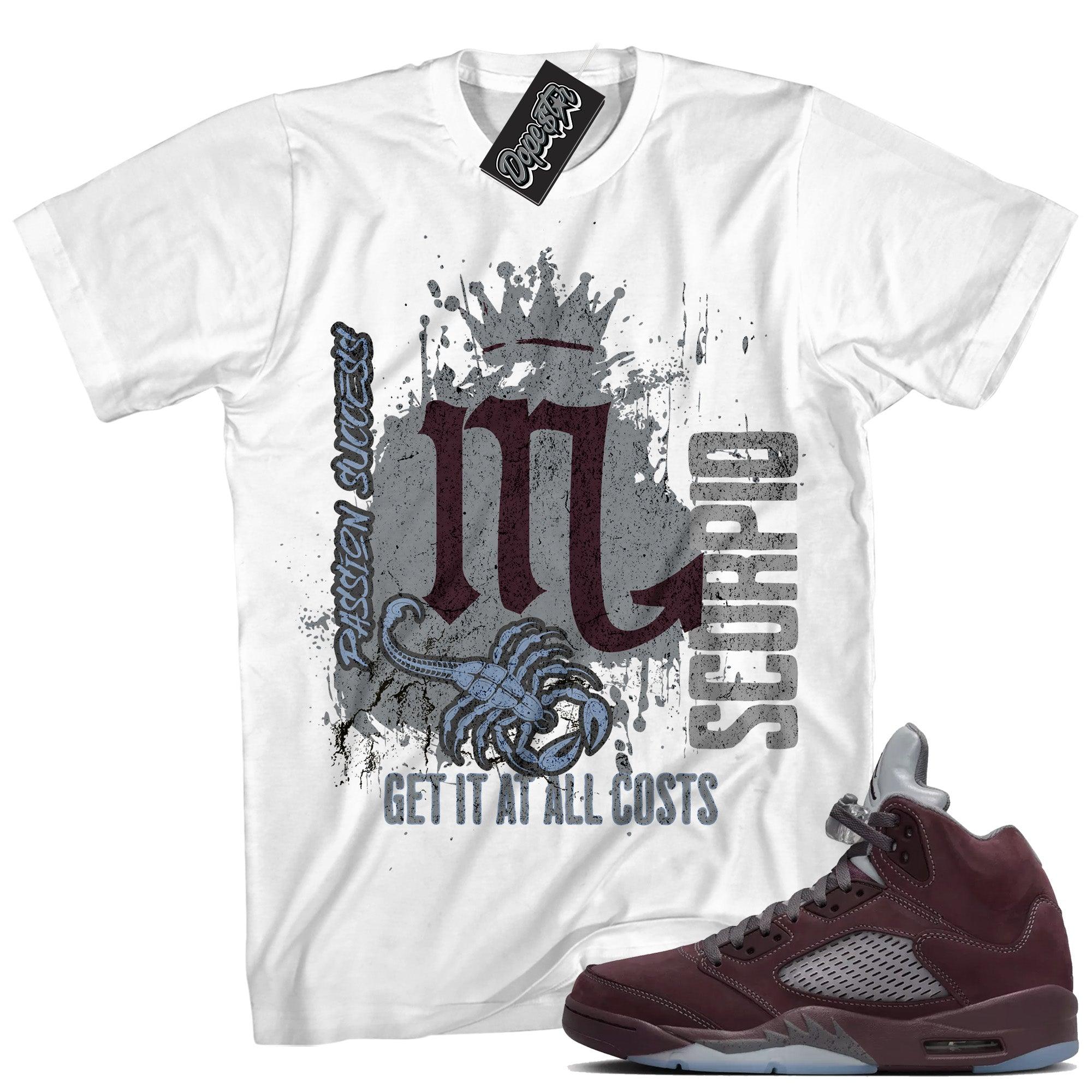 Cool White graphic tee with “ Scorpio ” print, that perfectly matches Air Jordan 5 Burgundy 2023 sneakers 