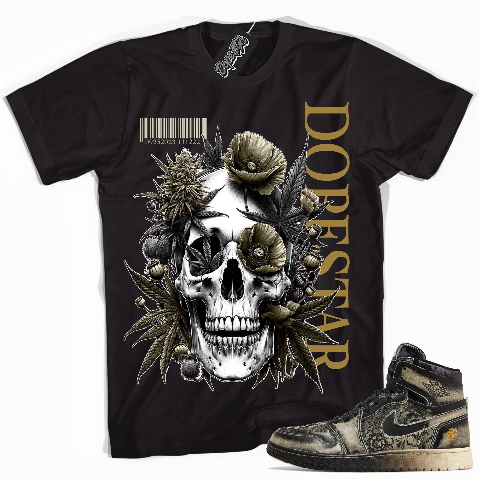 Cool Black graphic tee with “ Skull Cannabis Poppies ” print, that perfectly matches Air Jordan 1 High Zoom Comfort 2 Dia de Muertos  Black and Pale Ivory sneakers 