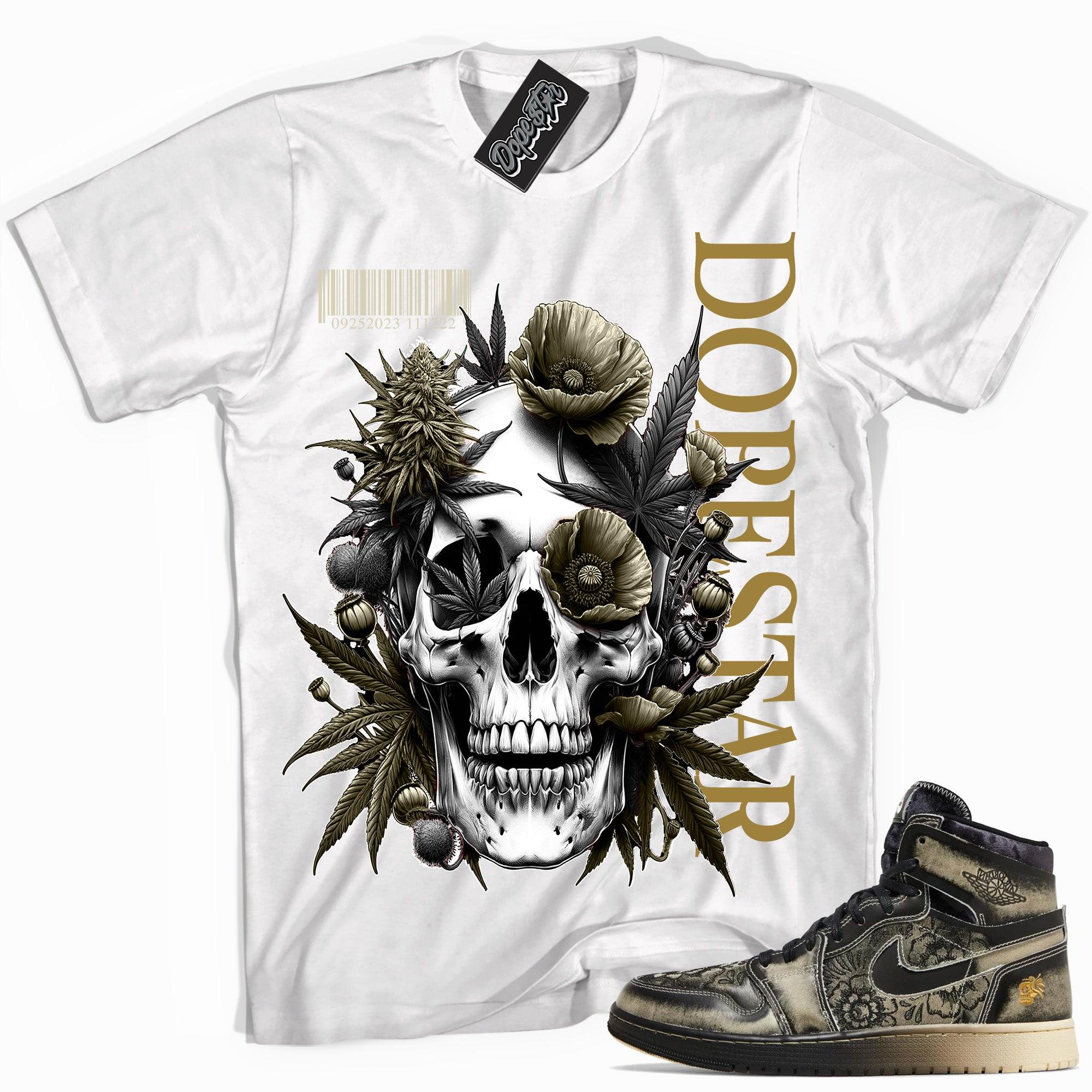 Cool White graphic tee with “ Skull Cannabis Poppies ” print, that perfectly matches Air Jordan 1 High Zoom Comfort 2 Dia de Muertos Black and Pale Ivory  sneakers 