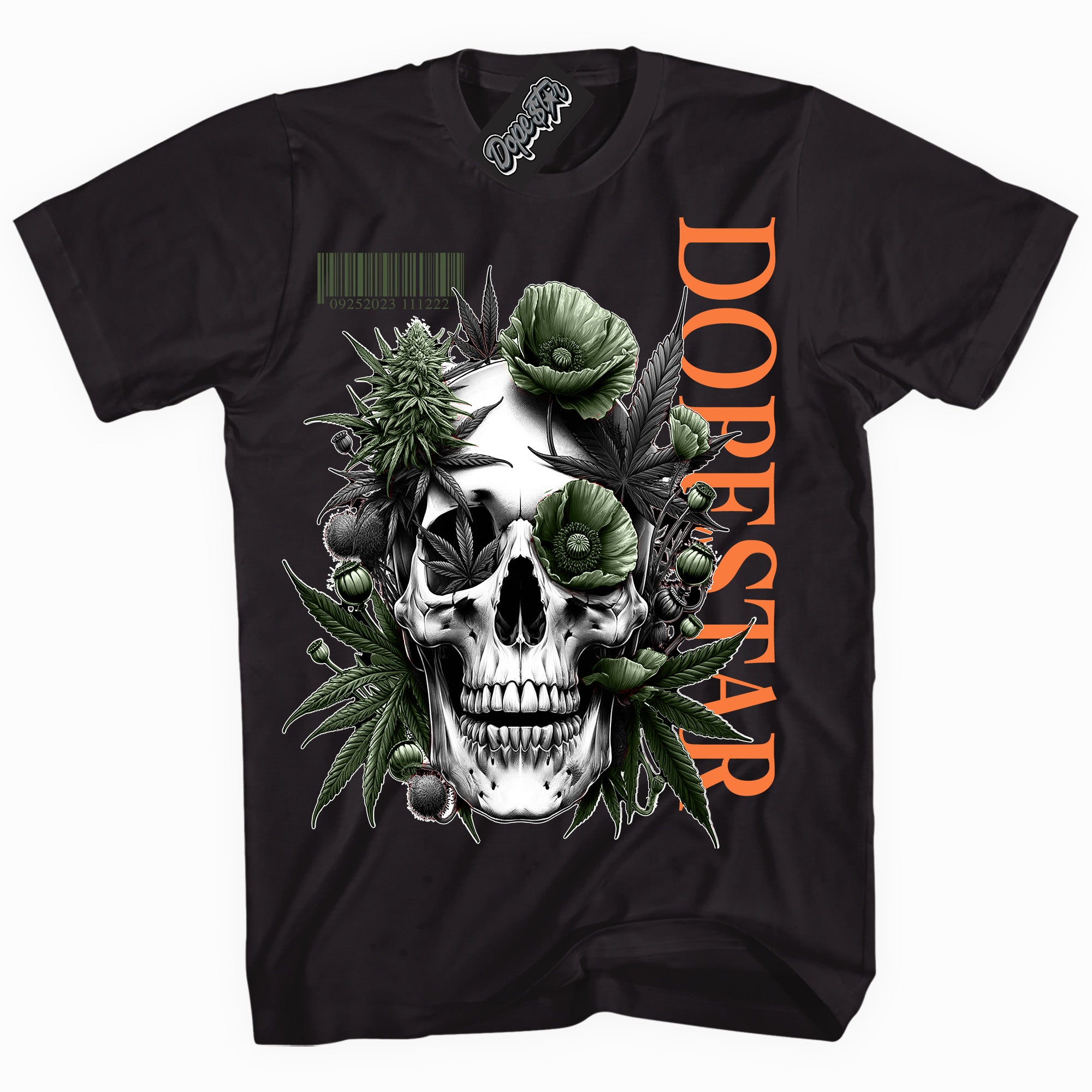 Cool Black graphic tee with “ Skull Poppies ” print, that perfectly matches Olive 5s sneakers 