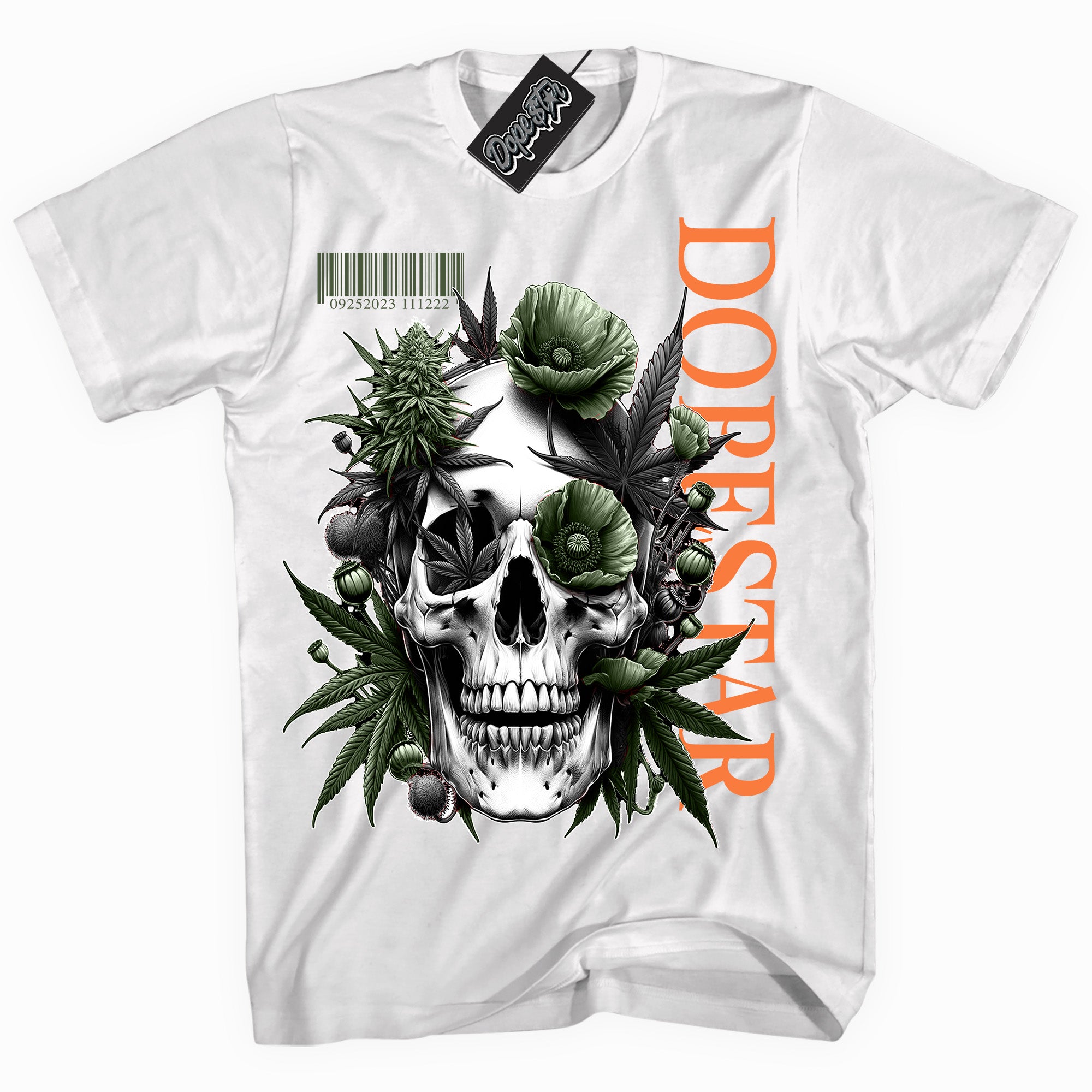 Cool White graphic tee with “ Skull Poppies ” print, that perfectly matches Olive 5s sneakers 