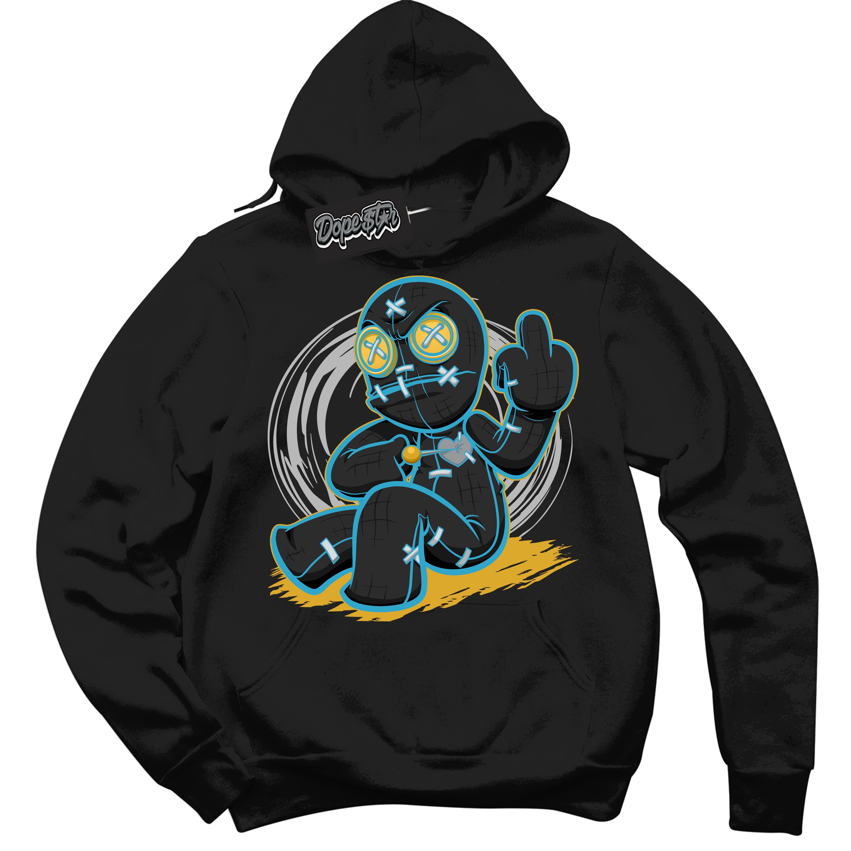 Cool Black Hoodie with “ VooDoo Doll ”  design that Perfectly Matches Aqua 5s Sneakers.