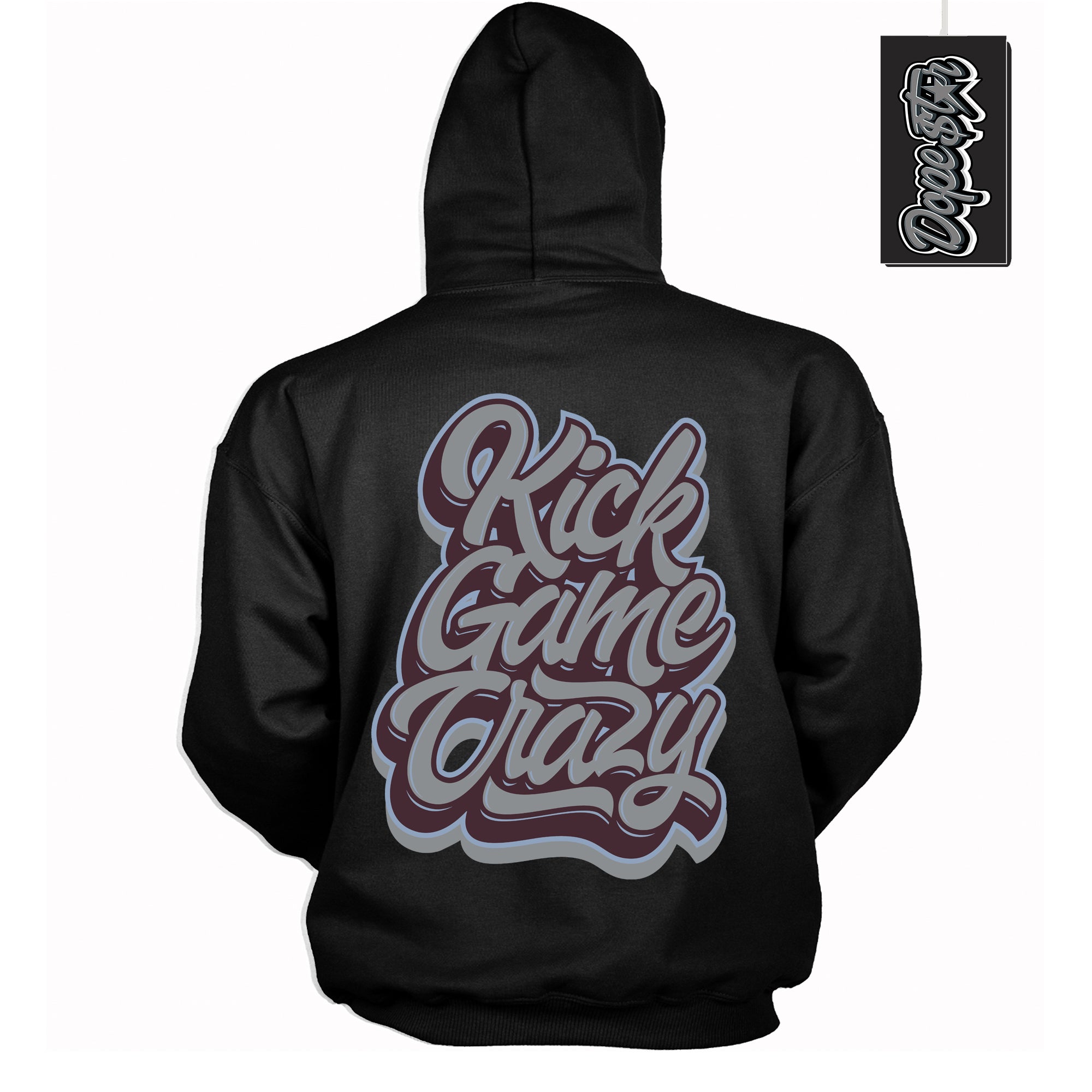 Cool Black Hoodie with “ Kick Game Crazy ”  design that Perfectly Matches Burgundy 5s Sneakers.