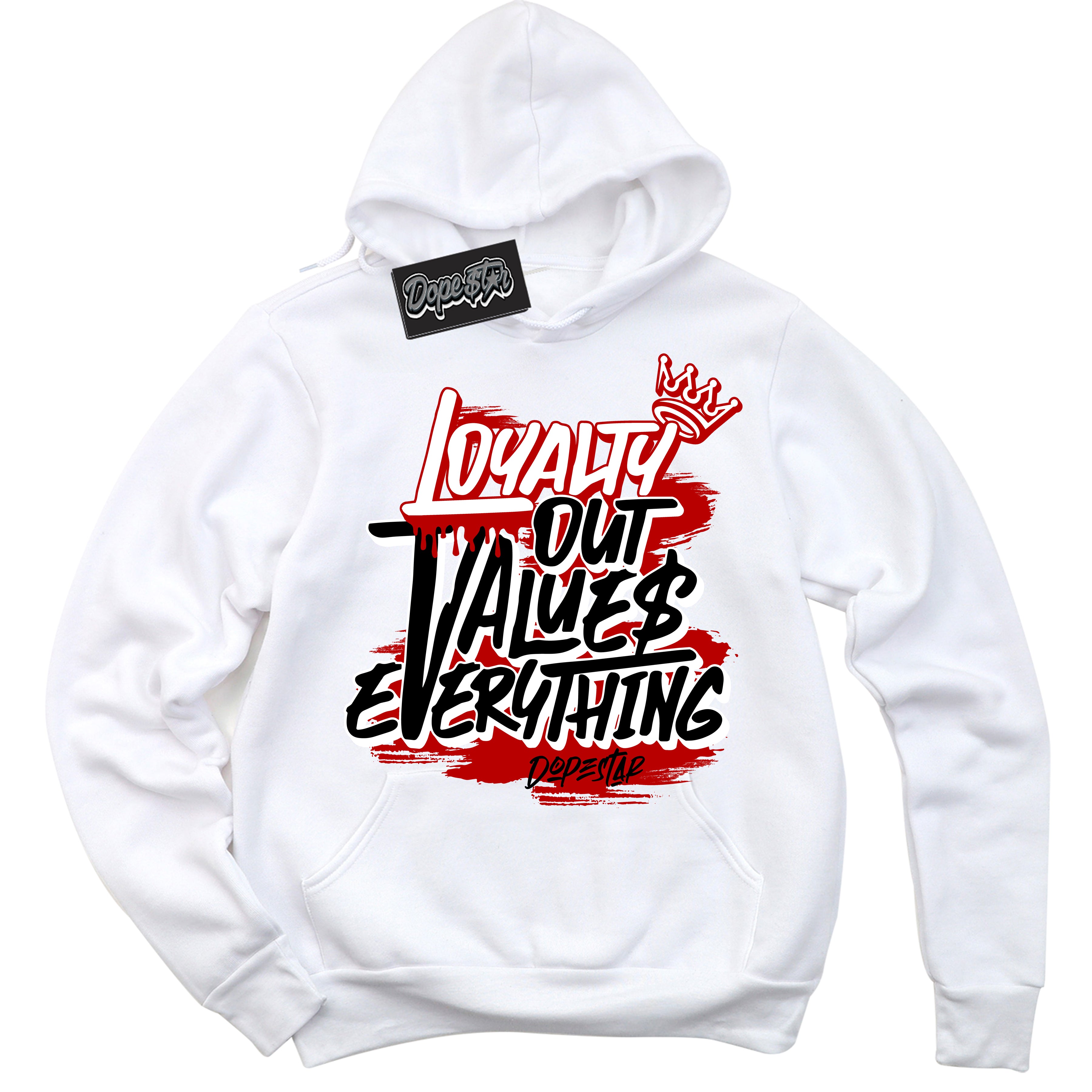 Cool White Hoodie with “ Loyalty Out Values Everything ”  design that Perfectly Matches Gym Red Panda 1s Sneakers.