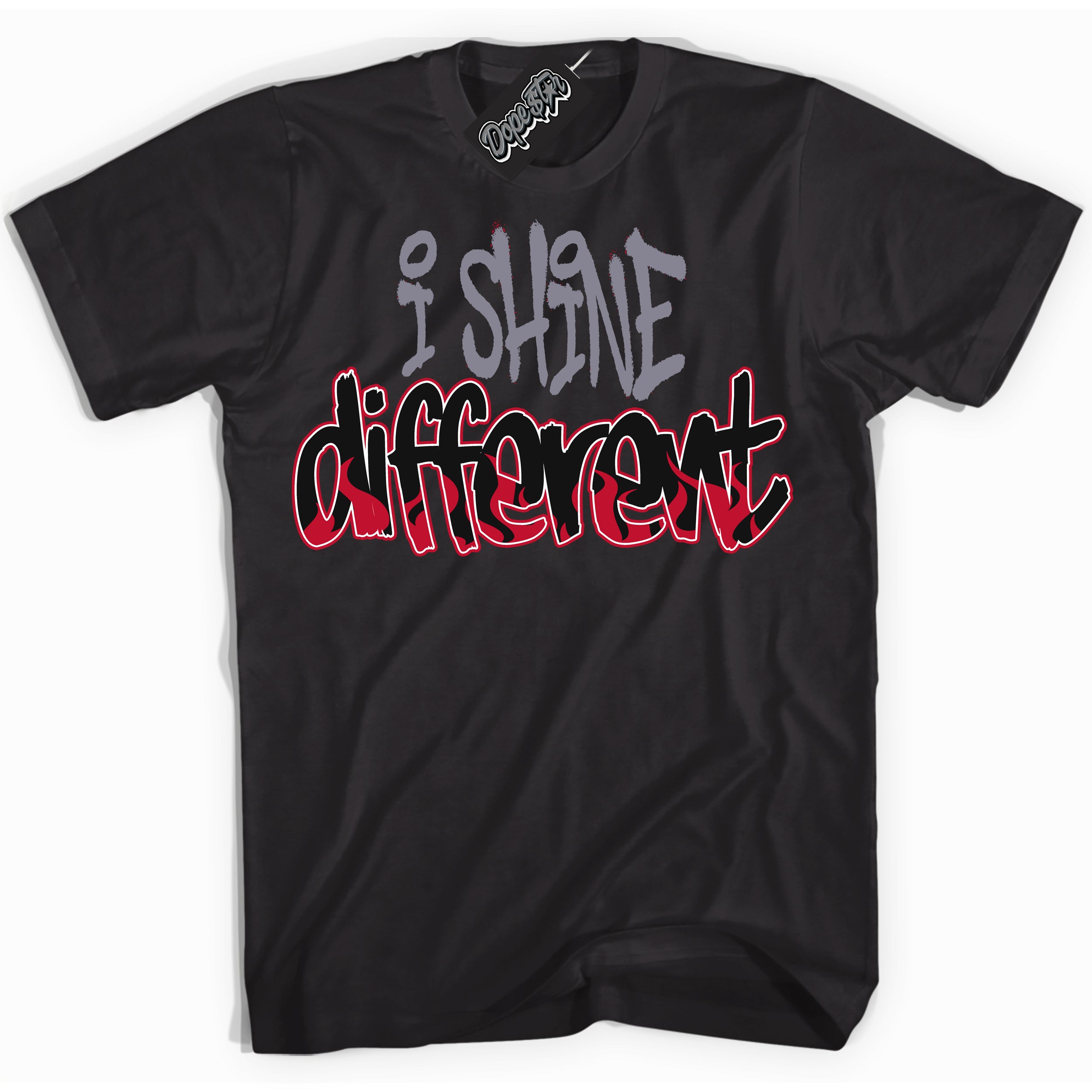 Cool Black Shirt with “ I Shine Different ” design that perfectly matches Cement Grey Fire Red 1s Sneakers.