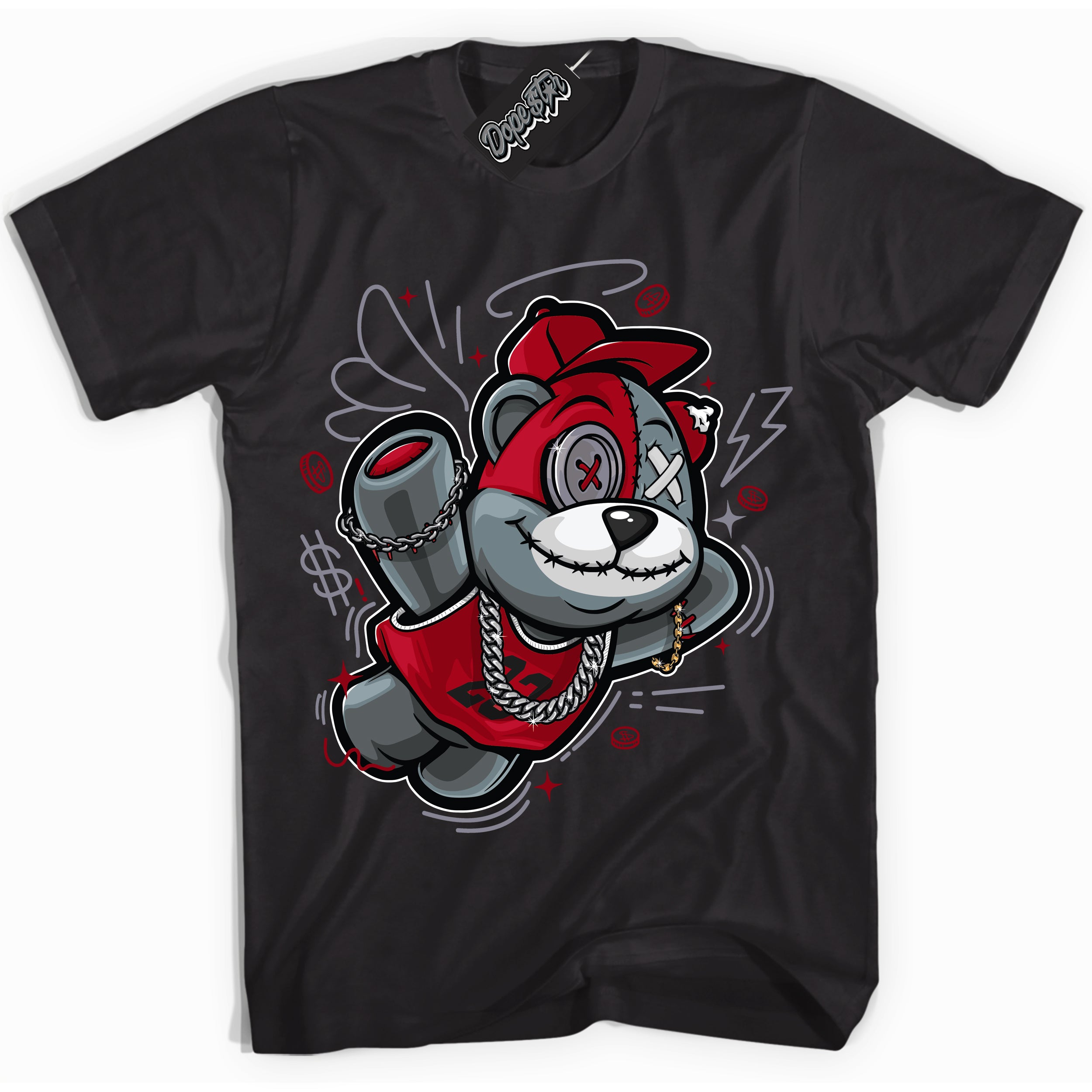 Cool Black Shirt with “ Slam Dunk Bear ” design that perfectly matches Cement Grey Fire Red 1s Sneakers.