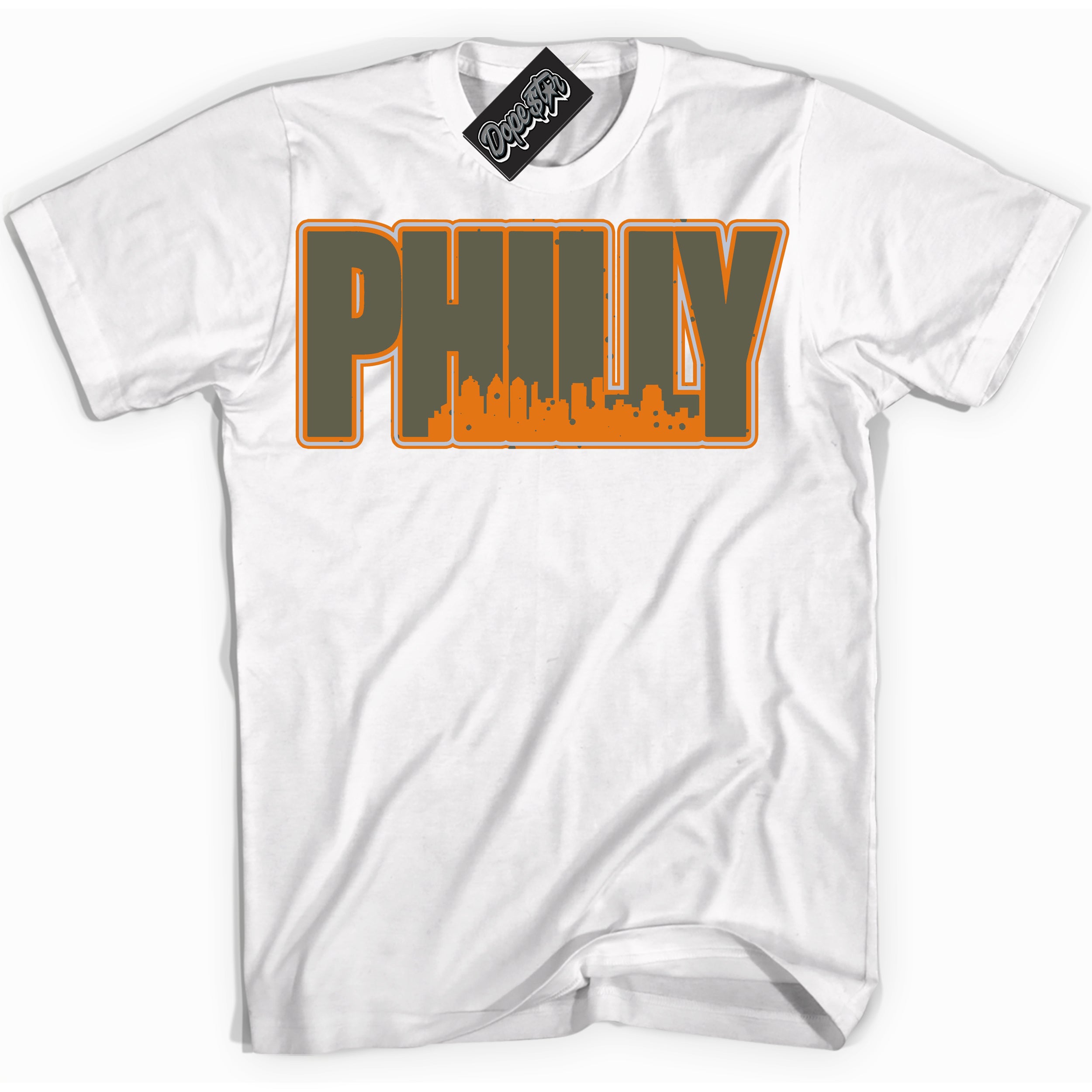 Cool White Shirt with “ Philly” design that perfectly matches Olive 5s Sneakers.