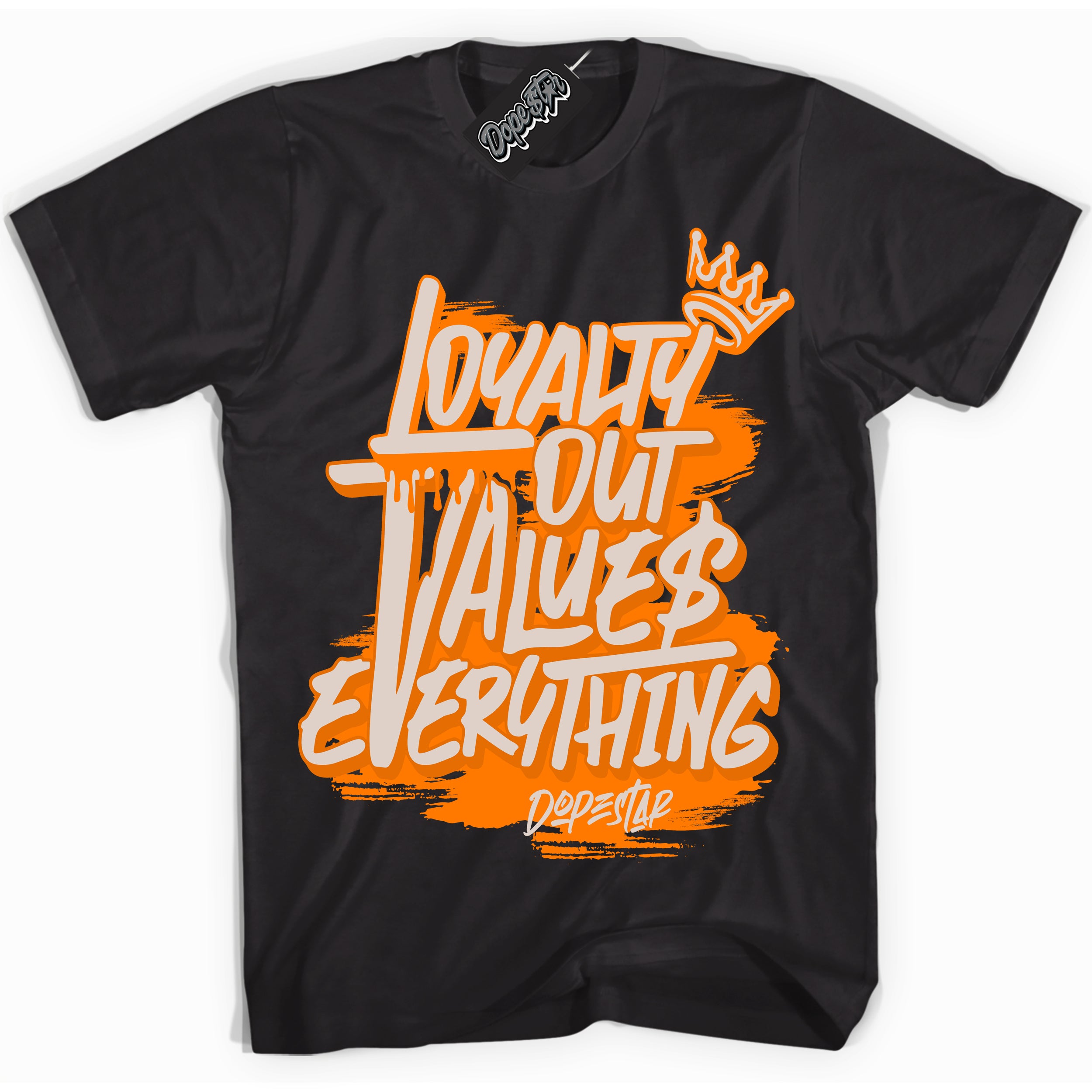 Cool Black Shirt with “ Loyalty Out Values Everything” design that perfectly matches Peach Cream Sneakers.