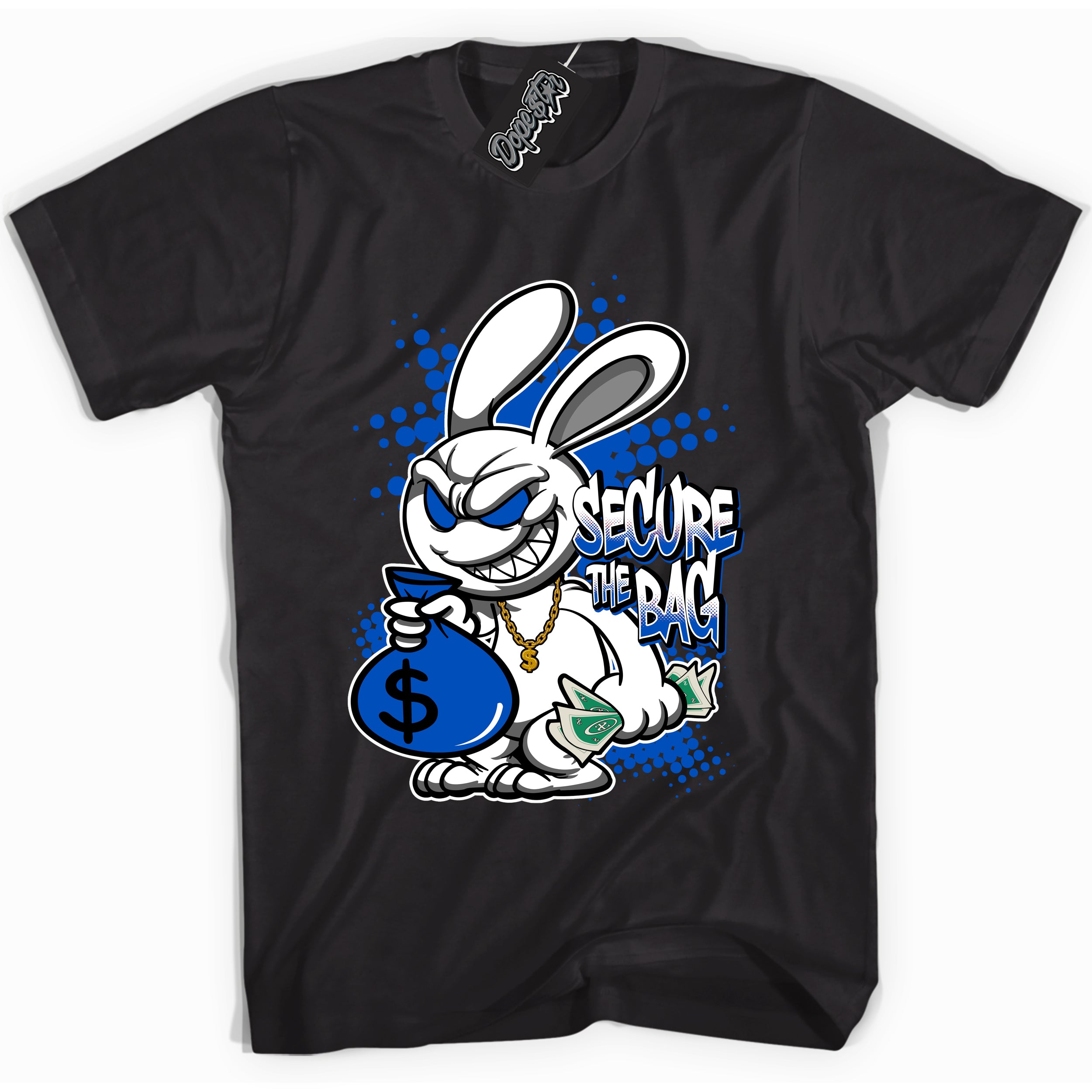 Cool Black graphic tee with "Secure The Bag" design, that perfectly matches Royal Reimagined 1s sneakers 