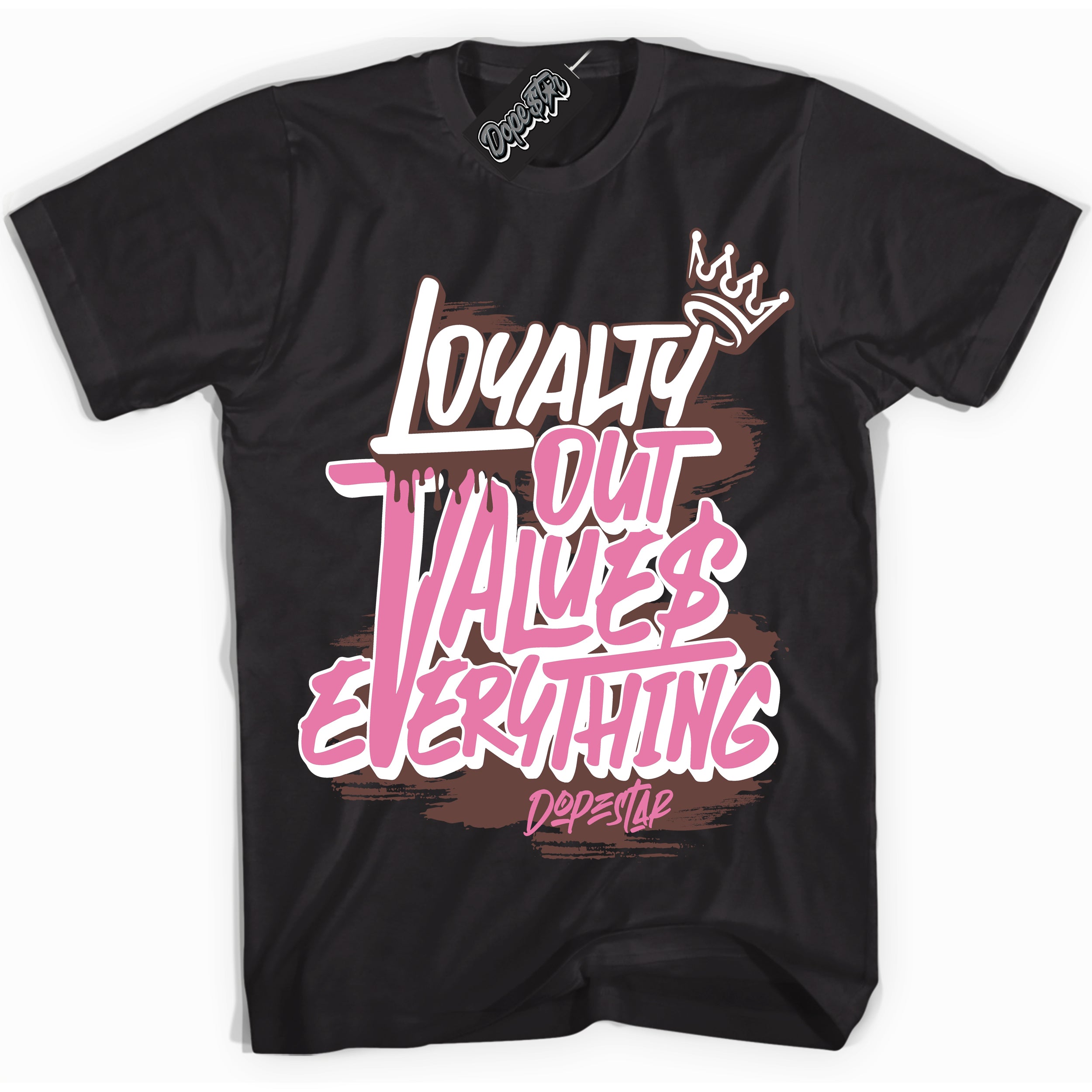 Cool Black Shirt with “ Loyalty Out Values Everything” design that perfectly matches Smokey Mauve Sneakers.