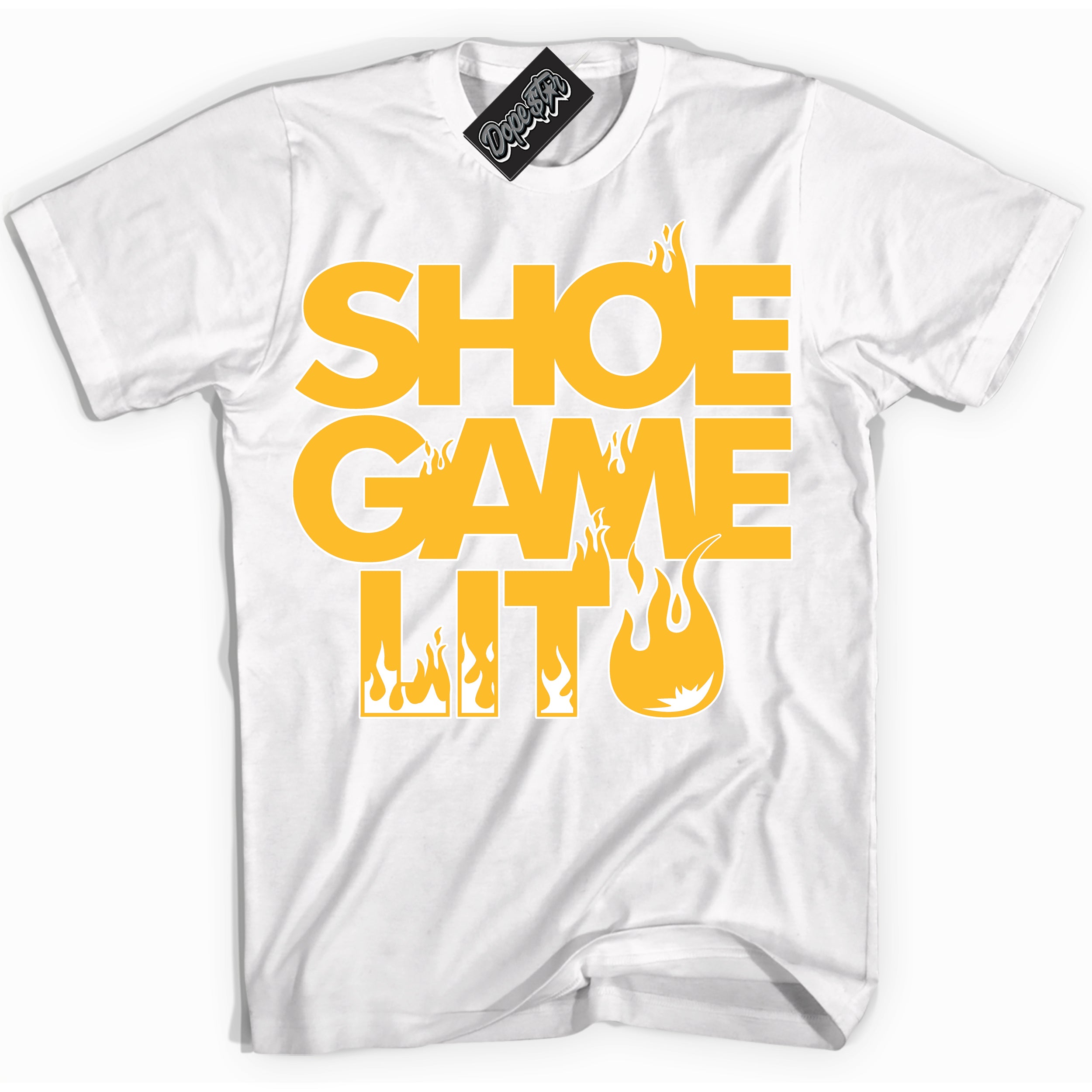 Cool White Shirt with “ Shoe Game Lit ” design that perfectly matches White University Gold Sneakers.