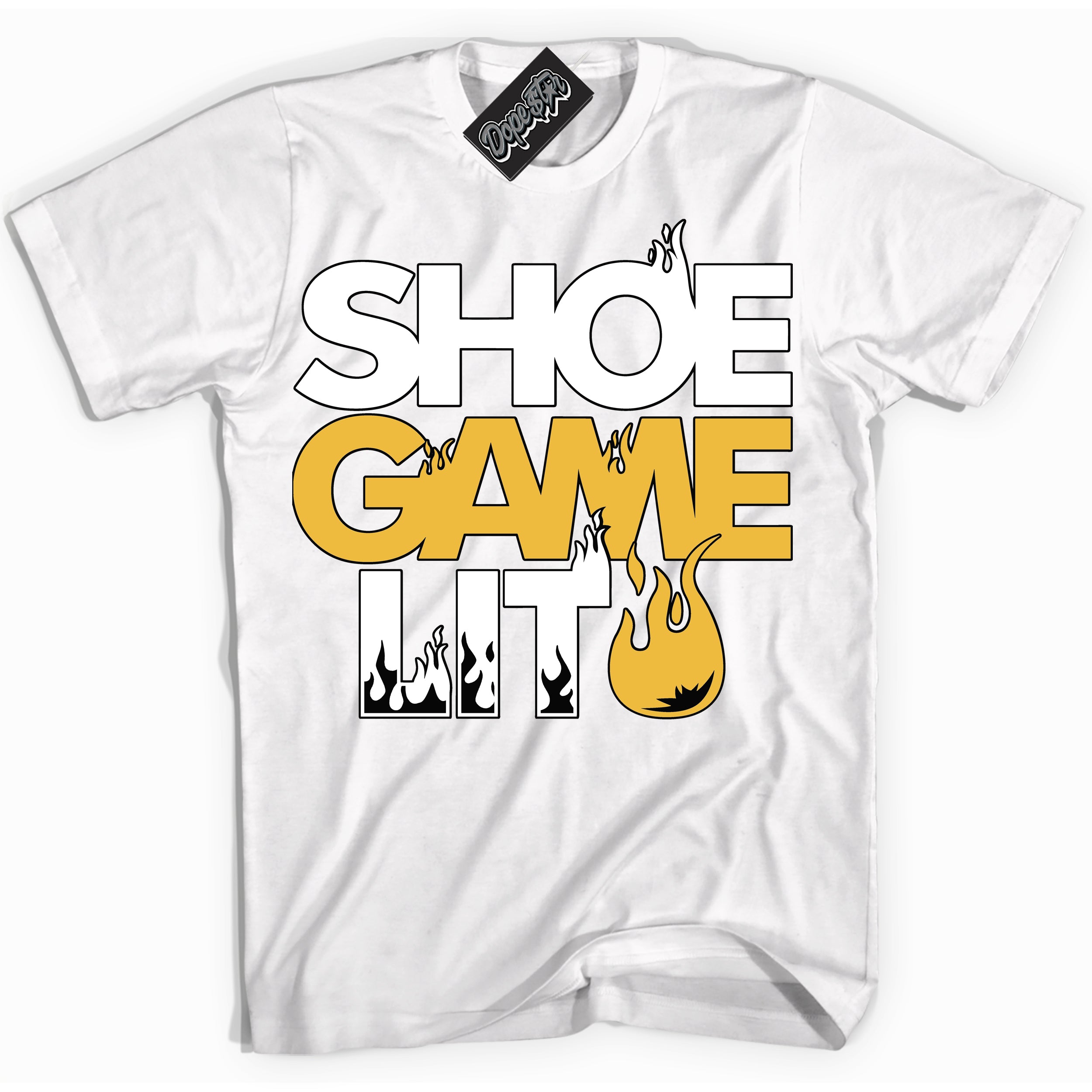 Cool White Shirt with “ Shoe Game Lit ” design that perfectly matches Yellow Ochre 1s Sneakers.