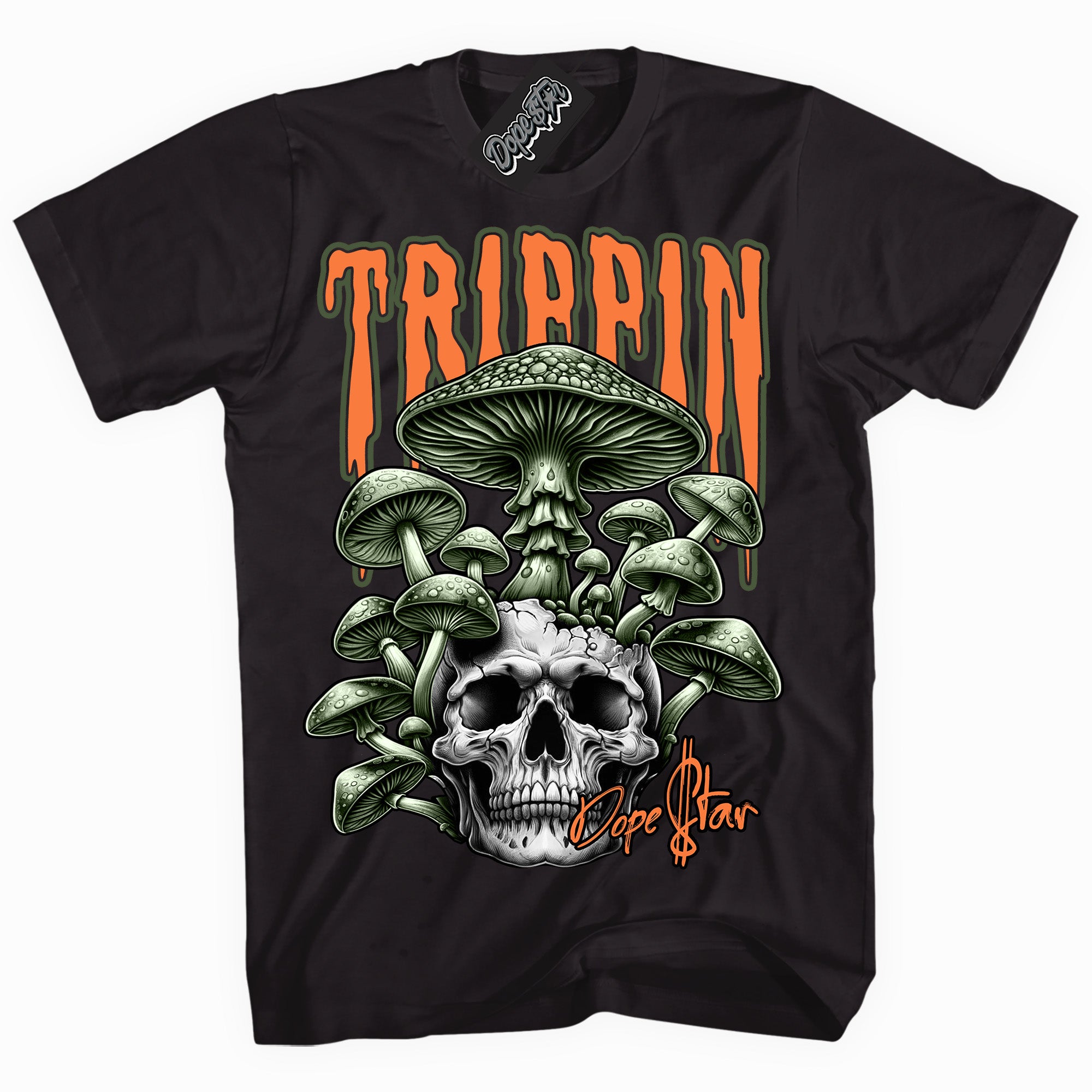 Cool Black graphic tee with “ Trippin ” print, that perfectly matches Olive 5s sneakers 