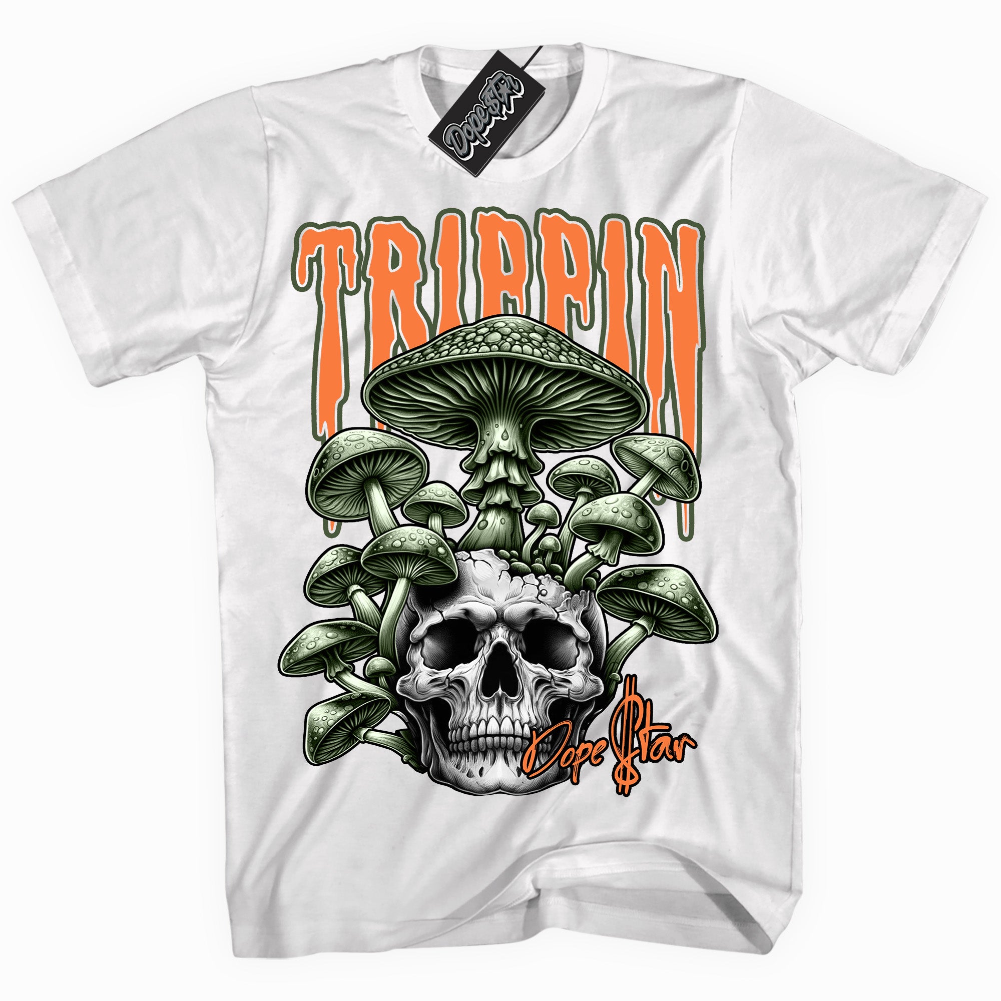Cool White graphic tee with “ Trippin ” print, that perfectly matches Olive 5s sneakers 