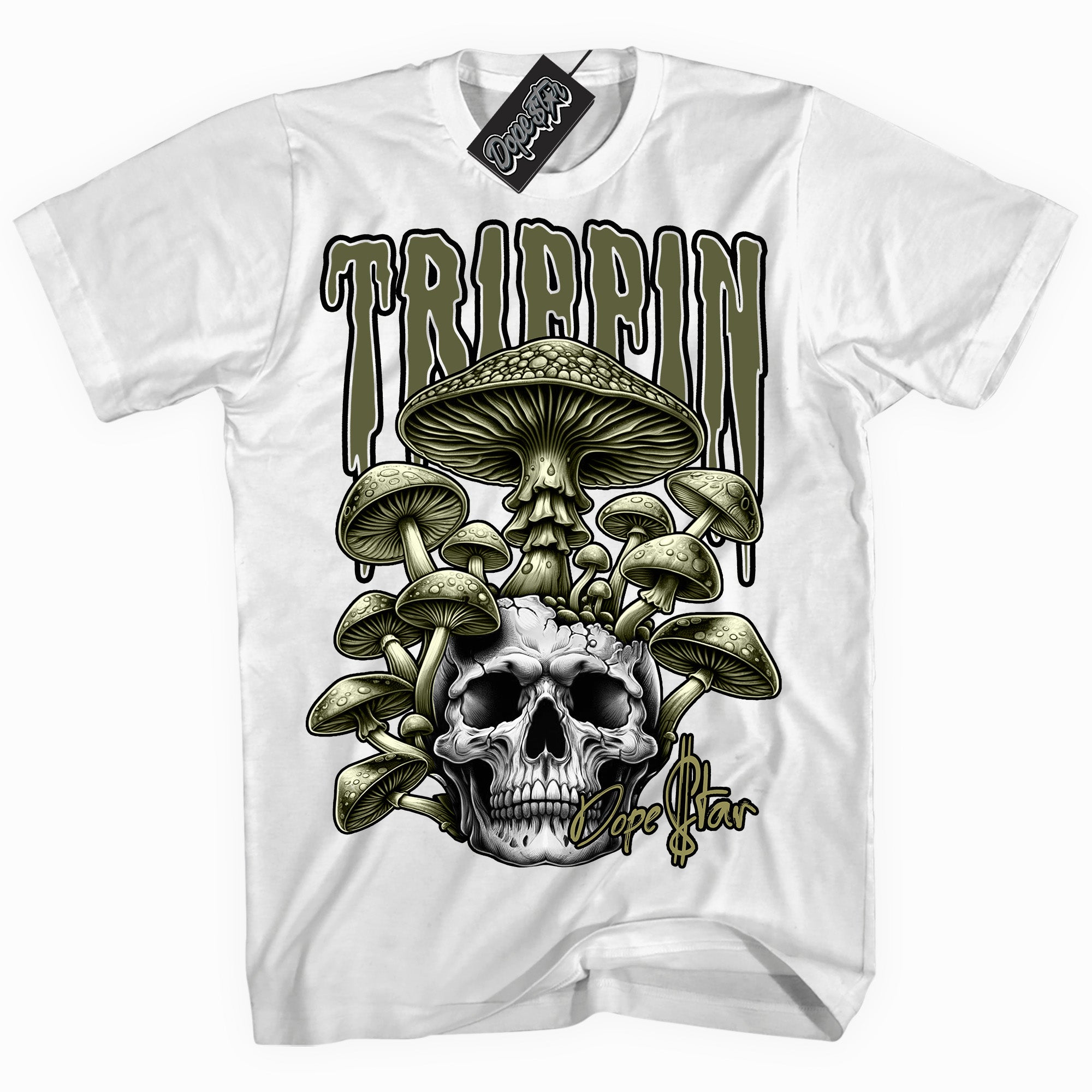 Cool White graphic tee with “ Trippin ” print, that perfectly matches Craft Olive 4s sneakers 