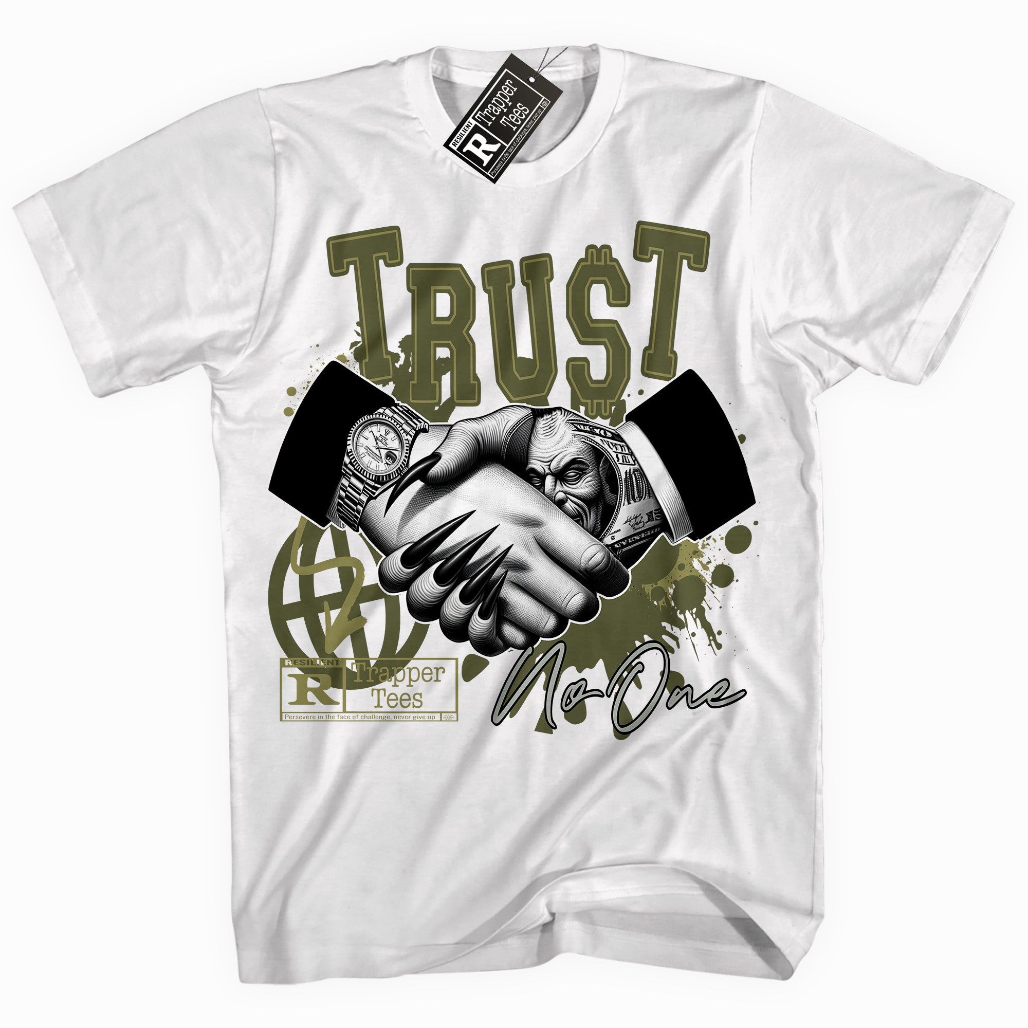 Cool White graphic tee with “ Trust ” print, that perfectly matches Craft Olive 4s sneakers 