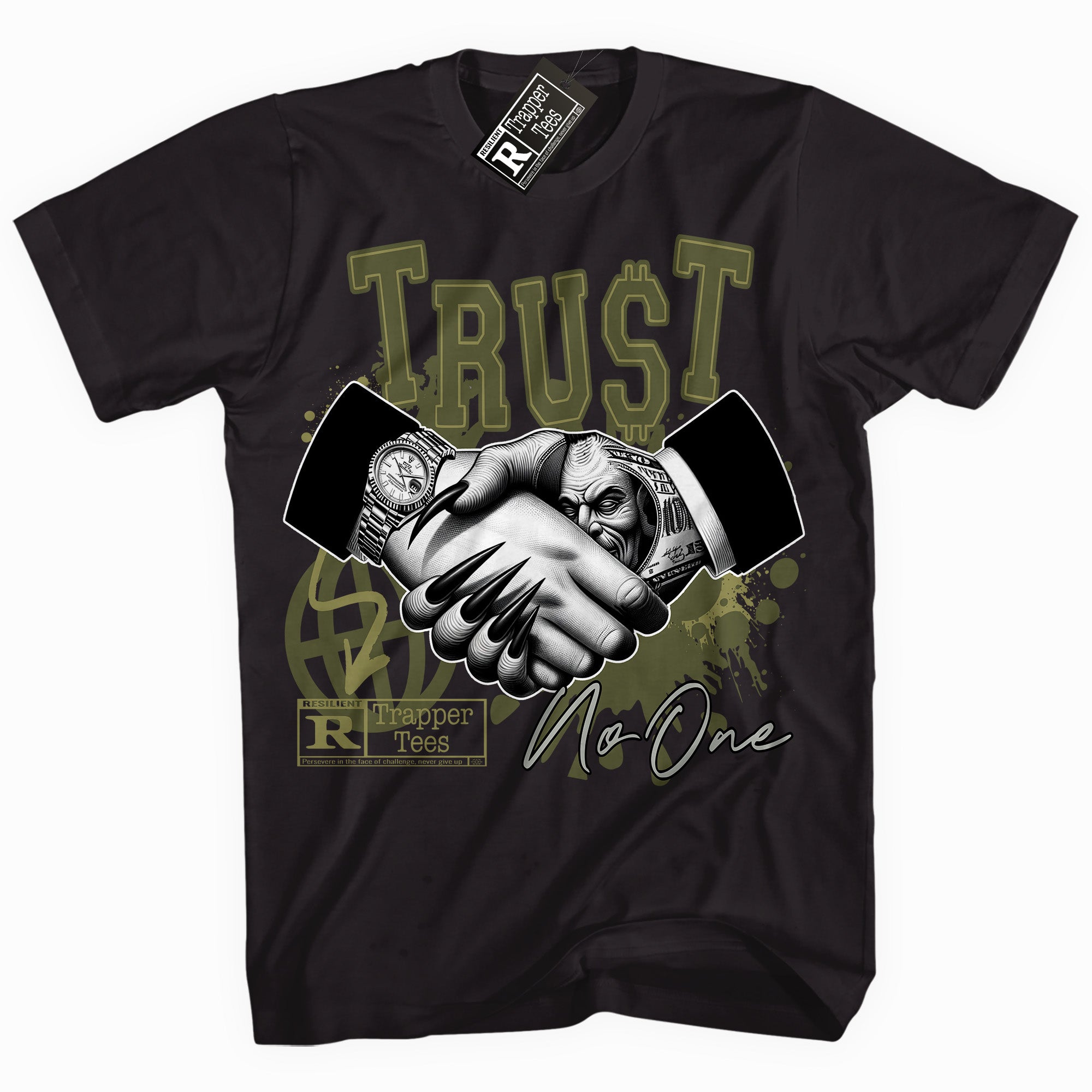 Cool Black graphic tee with “ Trust ” print, that perfectly matches Craft Olive 4s sneakers