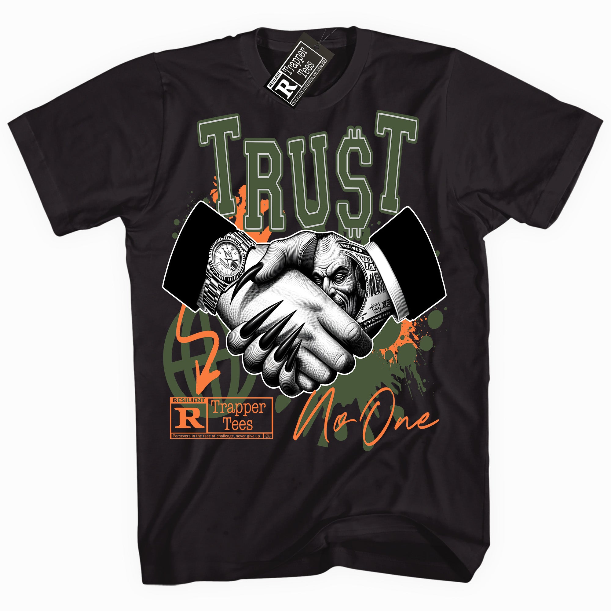 Cool Black graphic tee with “ Trust Trapper ” print, that perfectly matches Olive 5s sneakers 