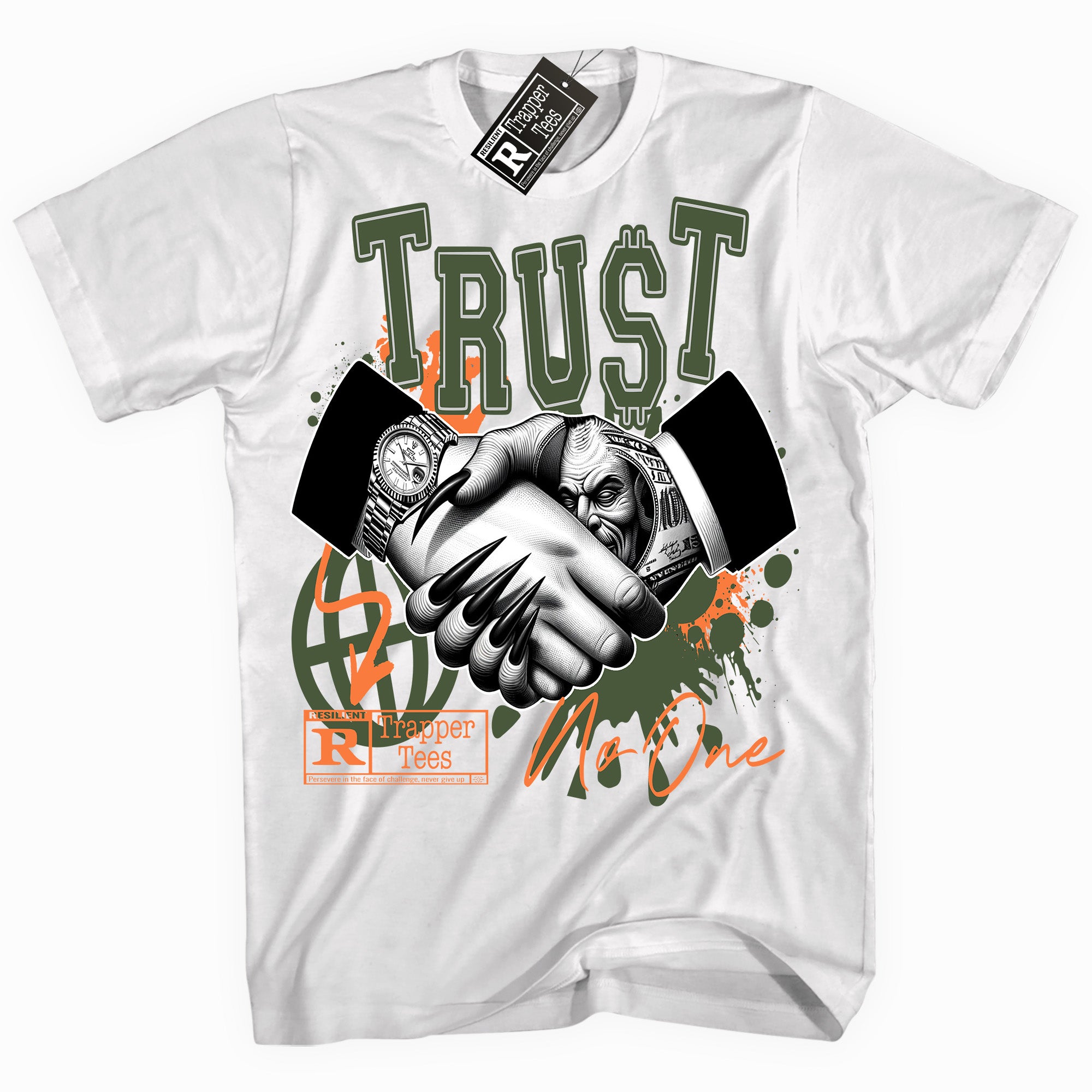 Cool White graphic tee with “ Trust Trapper ” print, that perfectly matches Olive 5s sneakers 