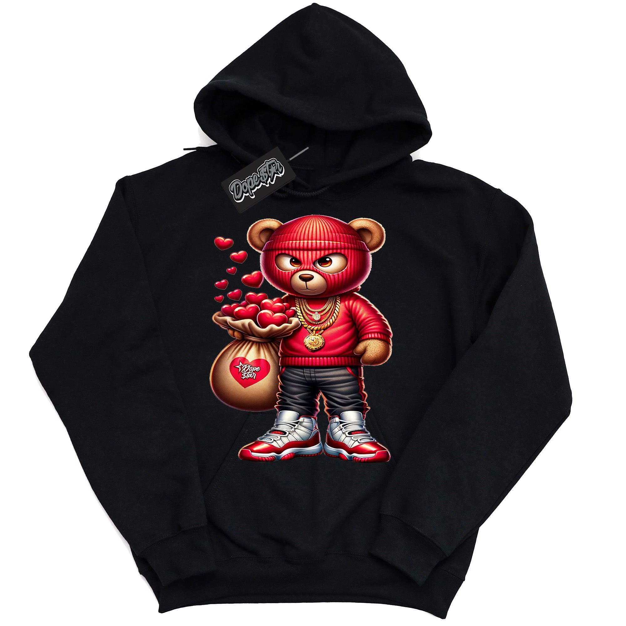 Cool Black Graphic Hoodie with “ Valentine Thief “ print, that perfectly matches Air Jordan 11 Cherry sneakers