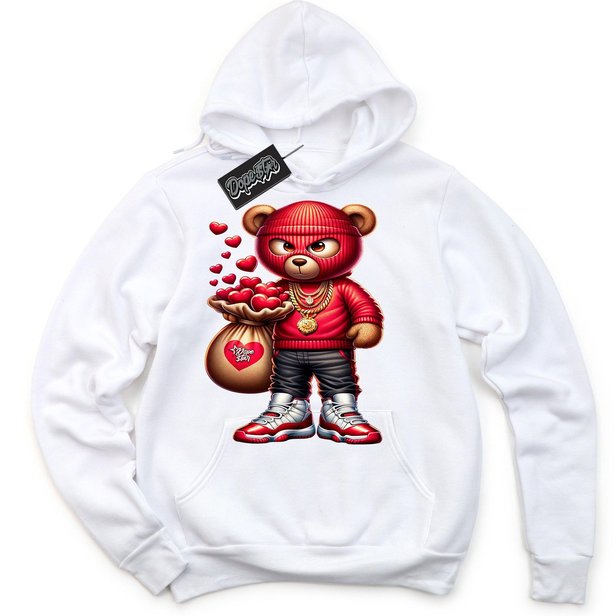 Cool White Graphic Hoodie with “ Valentine Thief “ print, that perfectly matches Air Jordan 11 Cherry sneakers