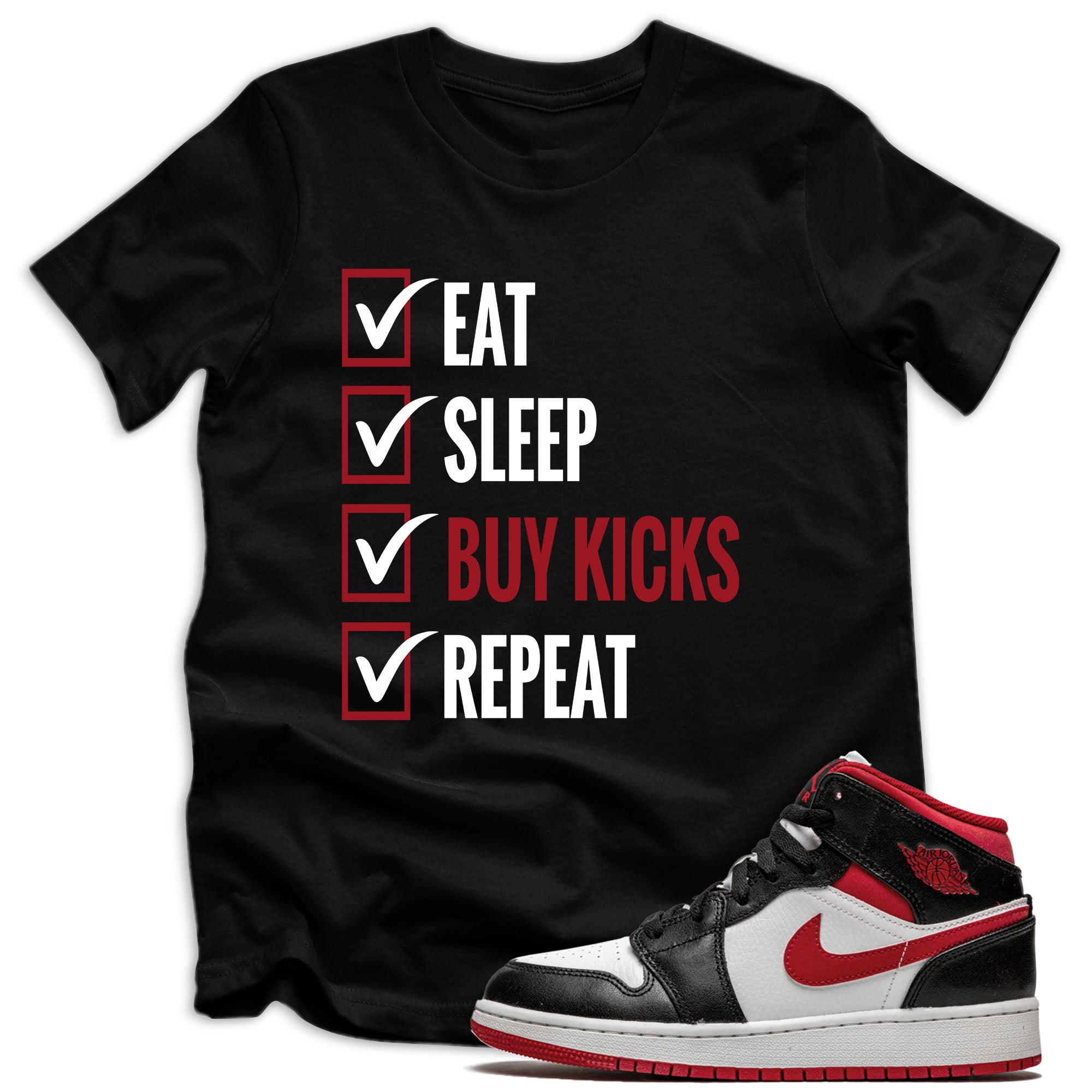 youth Eat Sleep Kicks Shirt AJ 1 Mid Gym Red Black White photo