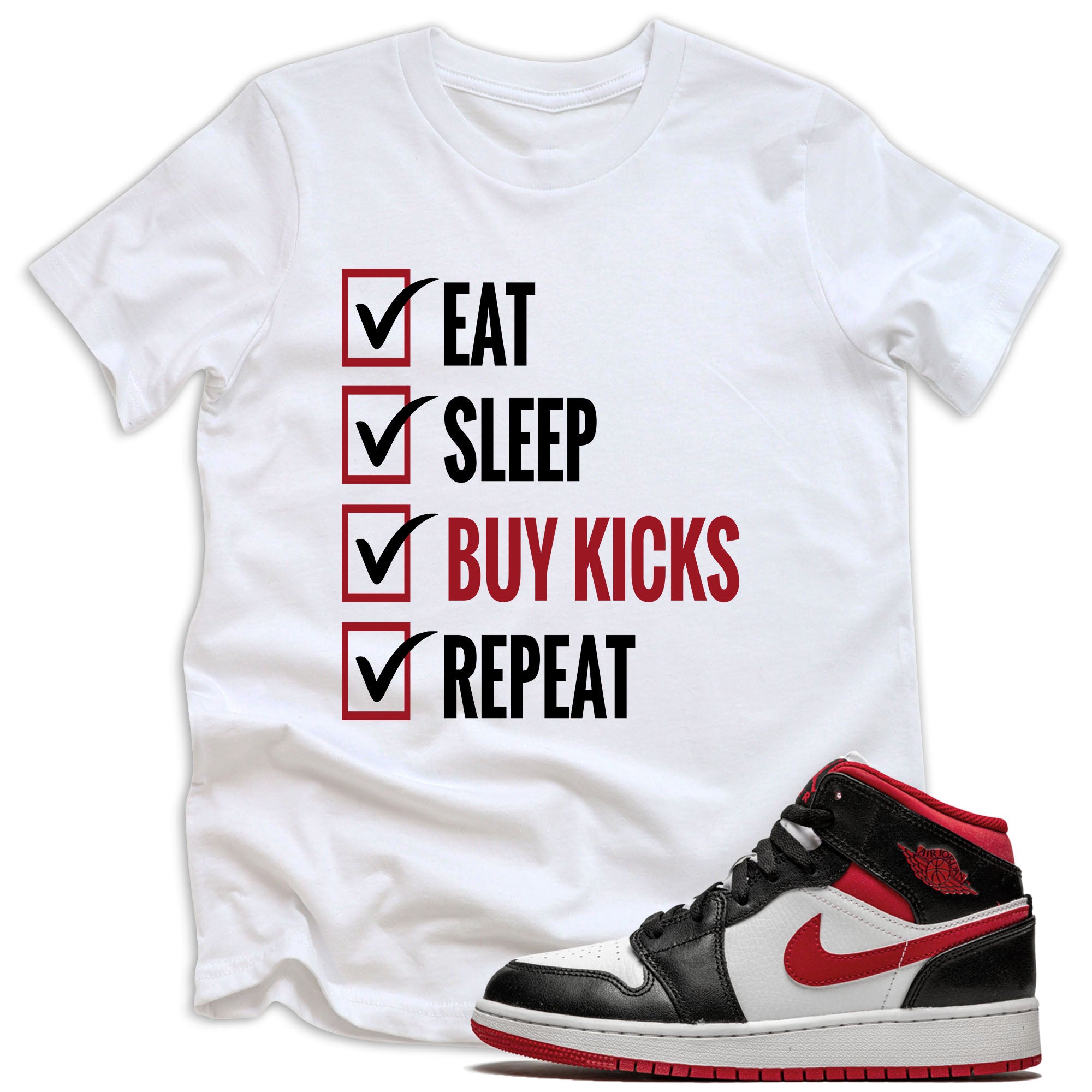 kids Eat Sleep Kicks Shirt AJ 1 Mid Gym Red Black White photo