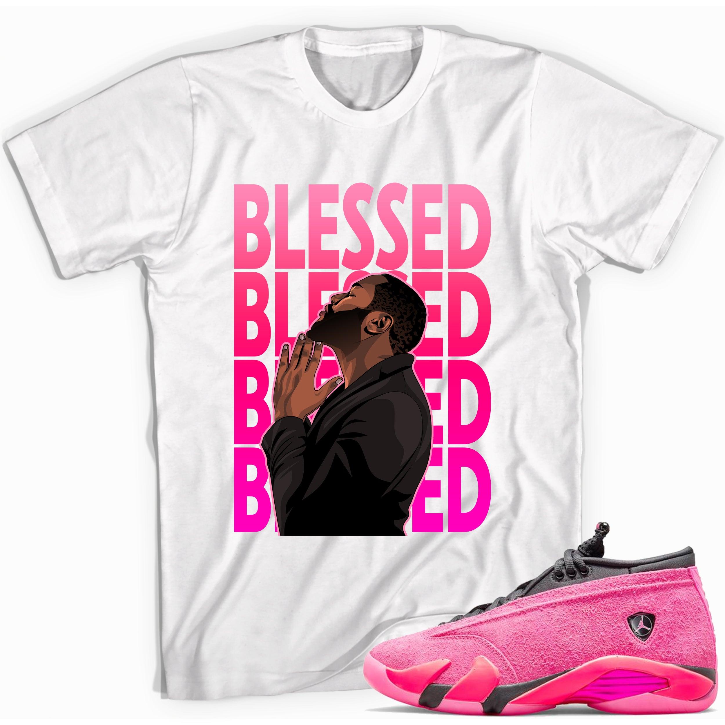 White God Blessed Shirt Jordan 14s Low Shocking Pink photo