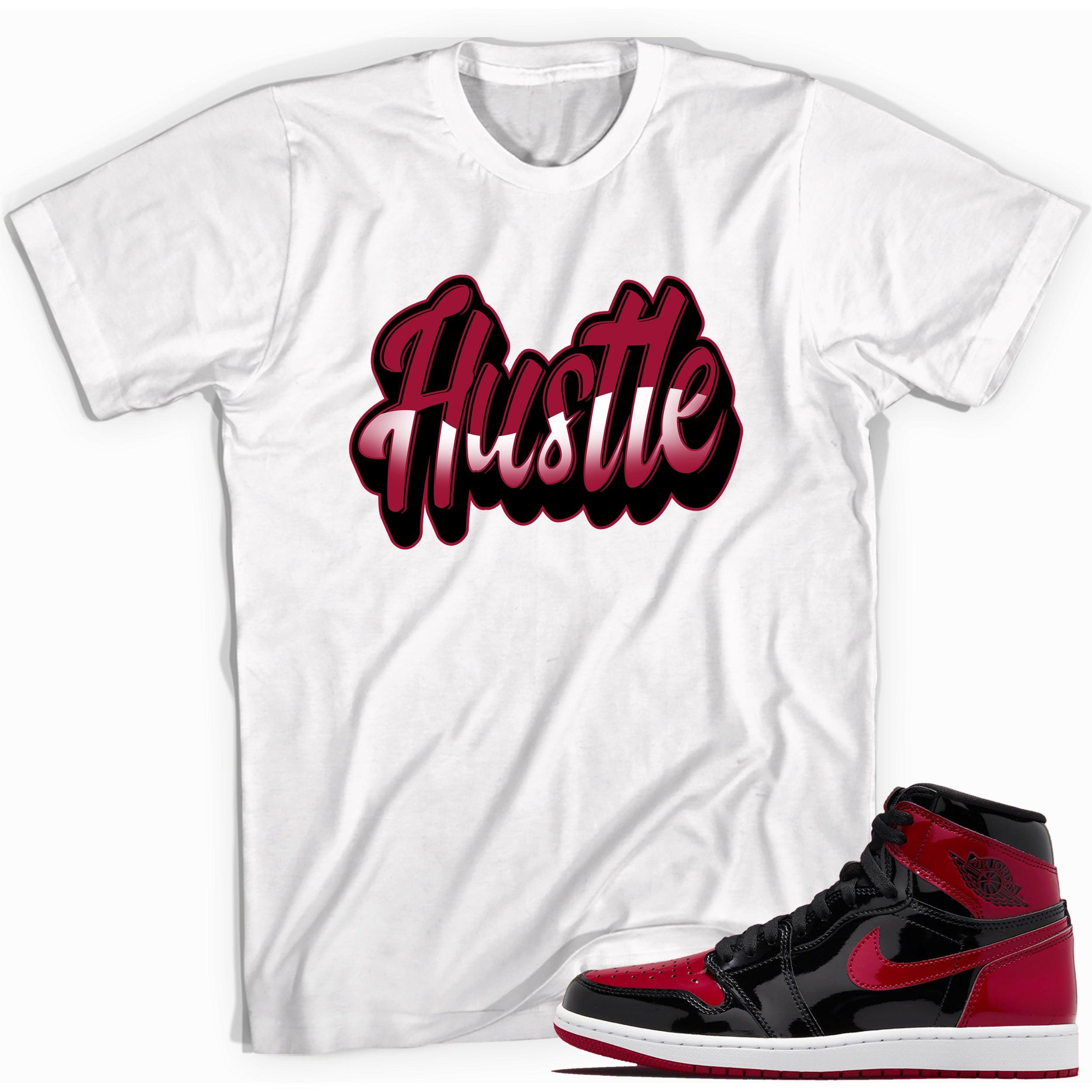 White Hustle Shirt for Jordan 1s Bred Patent photo