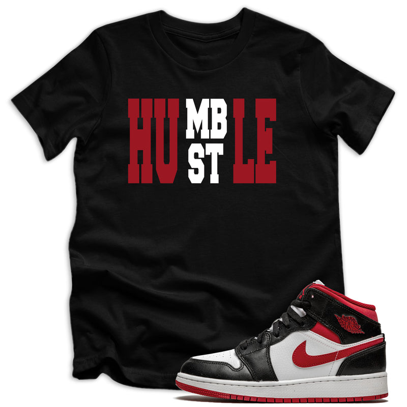 Black Humble Hustle Shirt Air Jordan 1 Mid Gym Red Black White photo