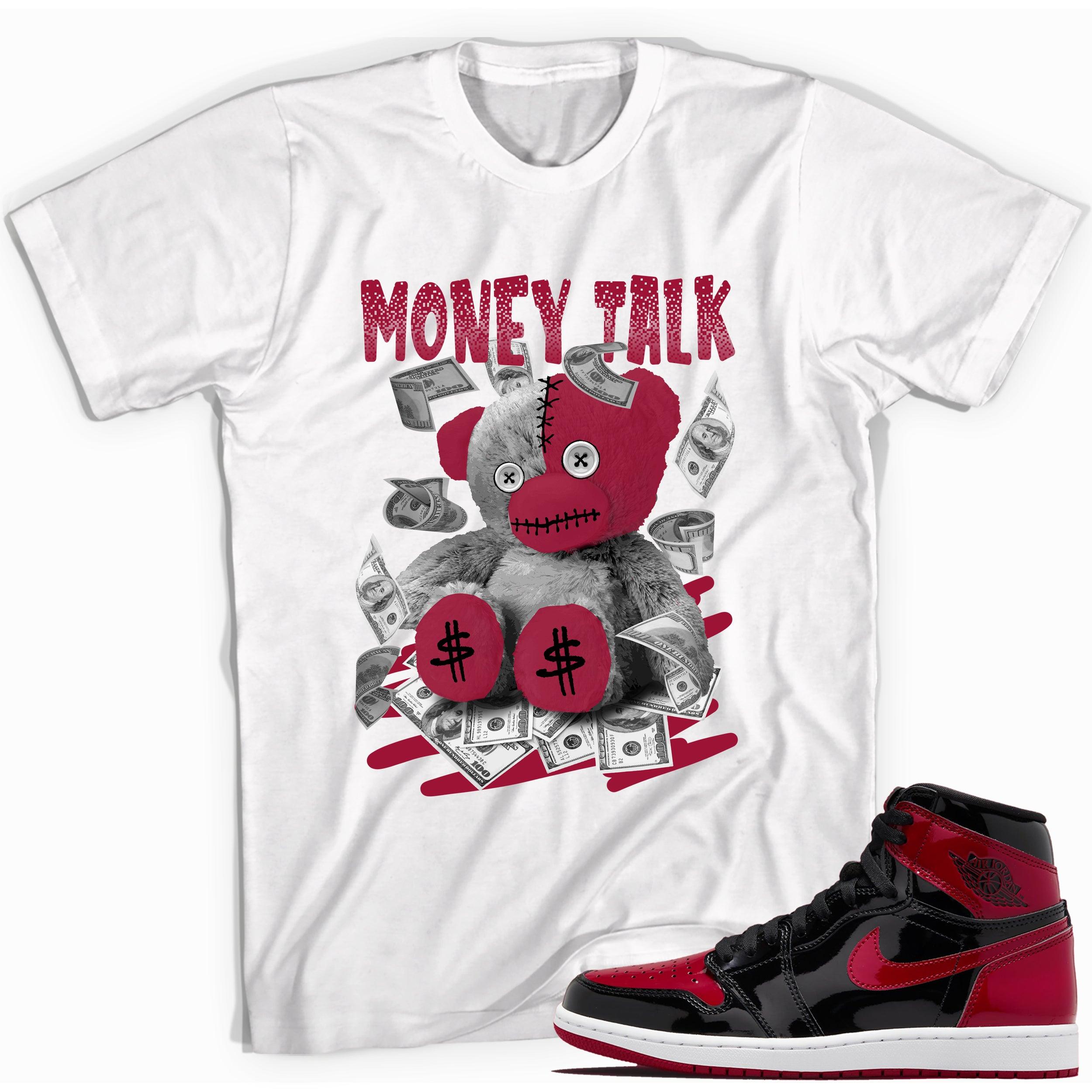White Money Talk Shirt for Jordan 1s Patent Bred photo